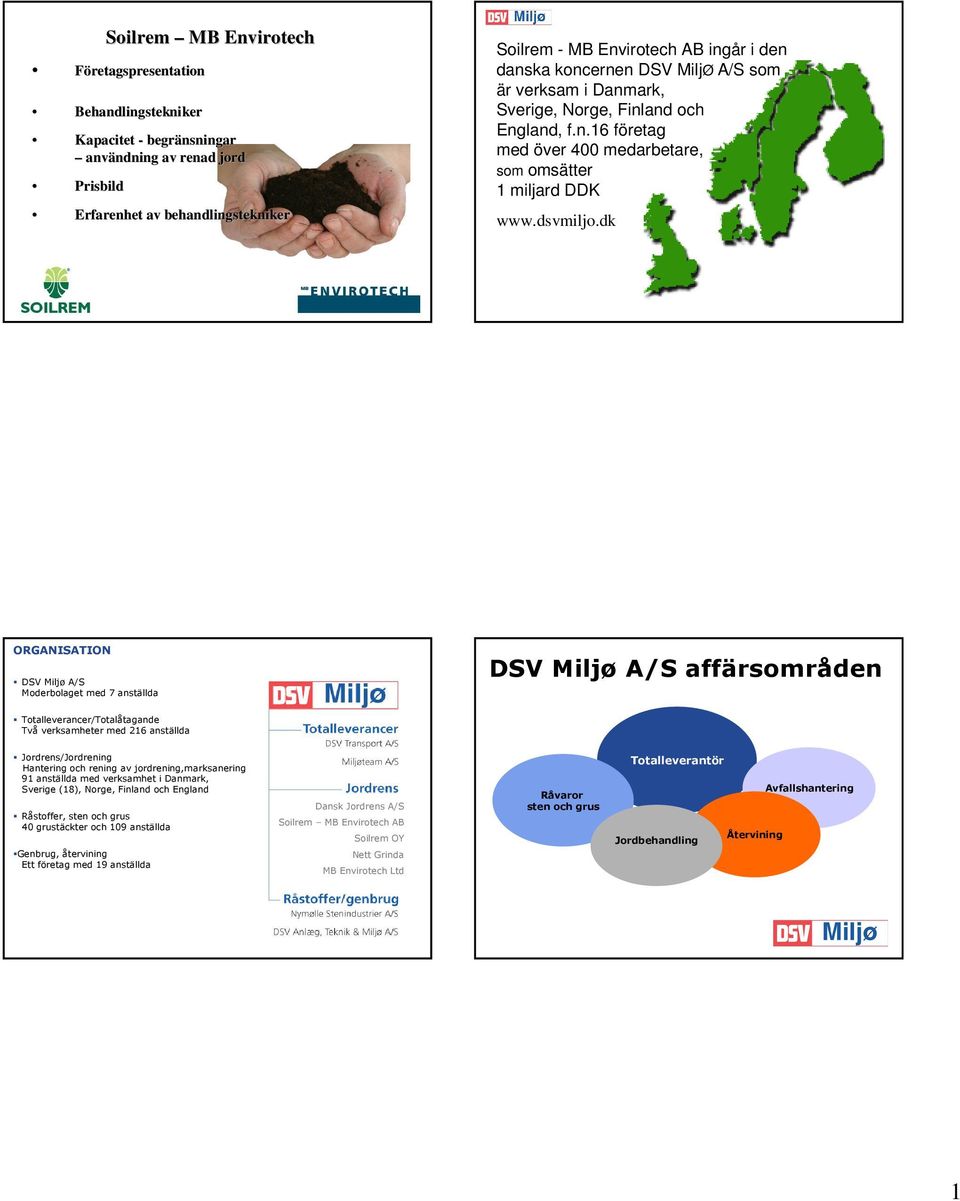 dk ORGANISATION DSV Miljø A/S Moderbolaget med 7 anställda DSV Miljø A/S affärsområden Totalleverancer/Totalåtagande Två verksamheter med 216 anställda Jordrens/Jordrening Hantering och rening av