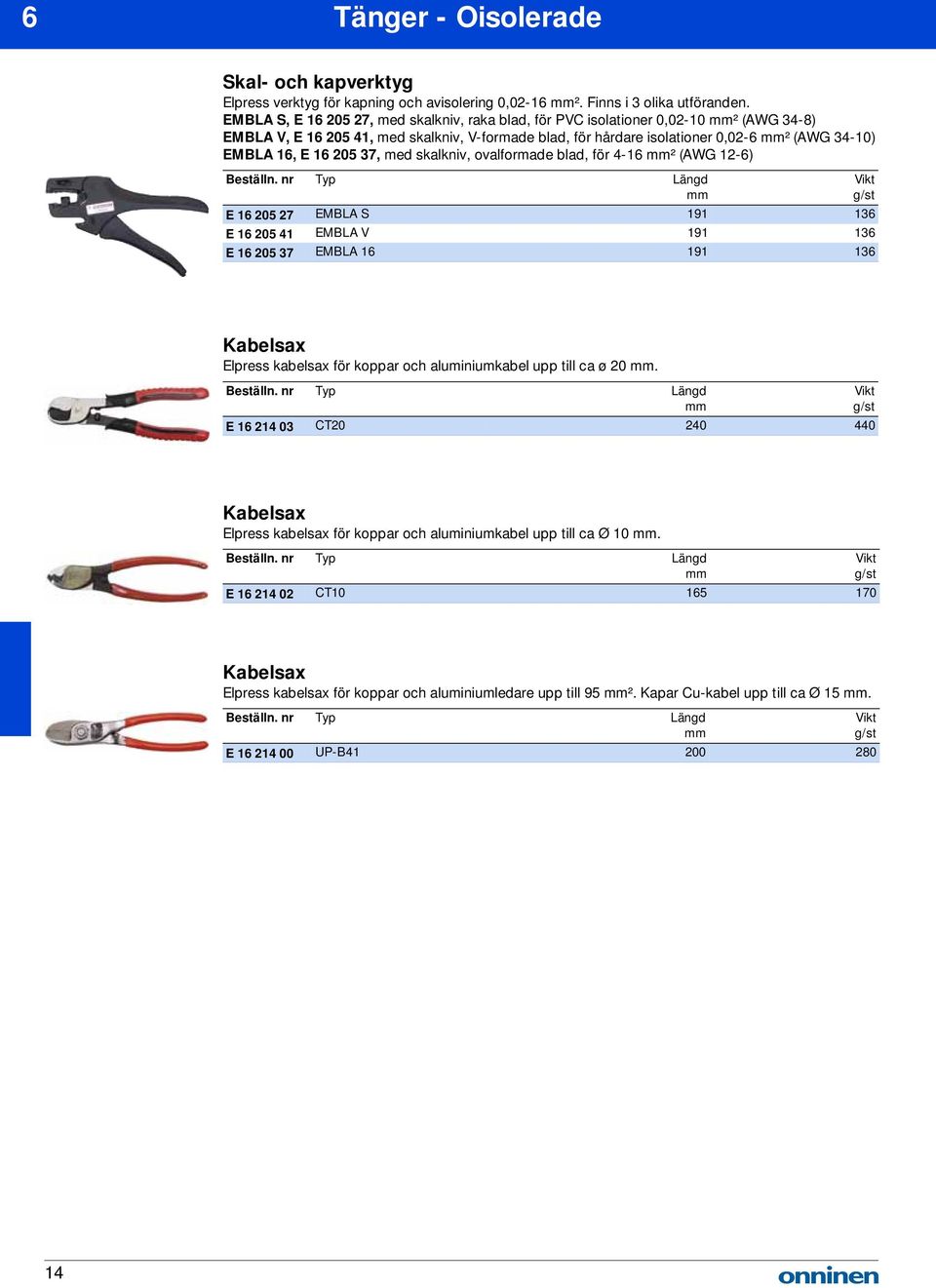 205 37, med skalkniv, ovalformade blad, för 4-16 ² (AWG 12-6) E 16 205 27 EMBLA S 191 136 E 16 205 41 EMBLA V 191 136 E 16 205 37 EMBLA 16 191 136 Kabelsax Elpress kabelsax för koppar och