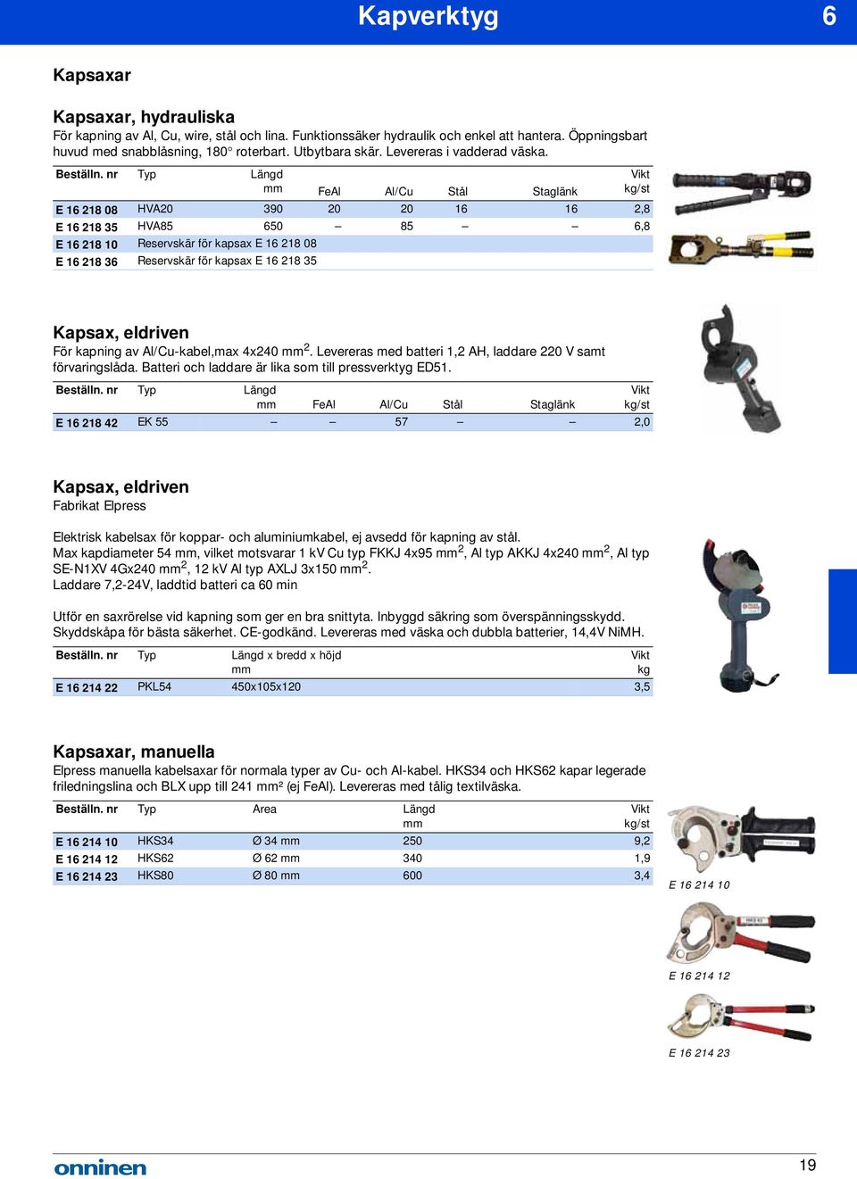 FeAl Al/Cu Stål Staglänk E 16 218 08 HVA20 390 20 20 16 16 2,8 E 16 218 35 HVA85 650 85 6,8 E 16 218 10 Reservskär för kapsax E 16 218 08 E 16 218 36 Reservskär för kapsax E 16 218 35 Kapsax,