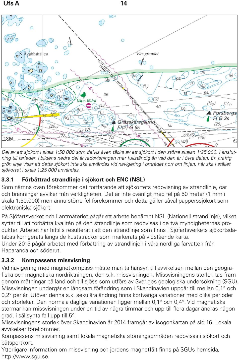 En kraftig grön linje visar att detta sjökort inte ska användas vid navigering i området norr om linjen, här ska i stället sjökortet i skala 1:25 000 användas. 3.