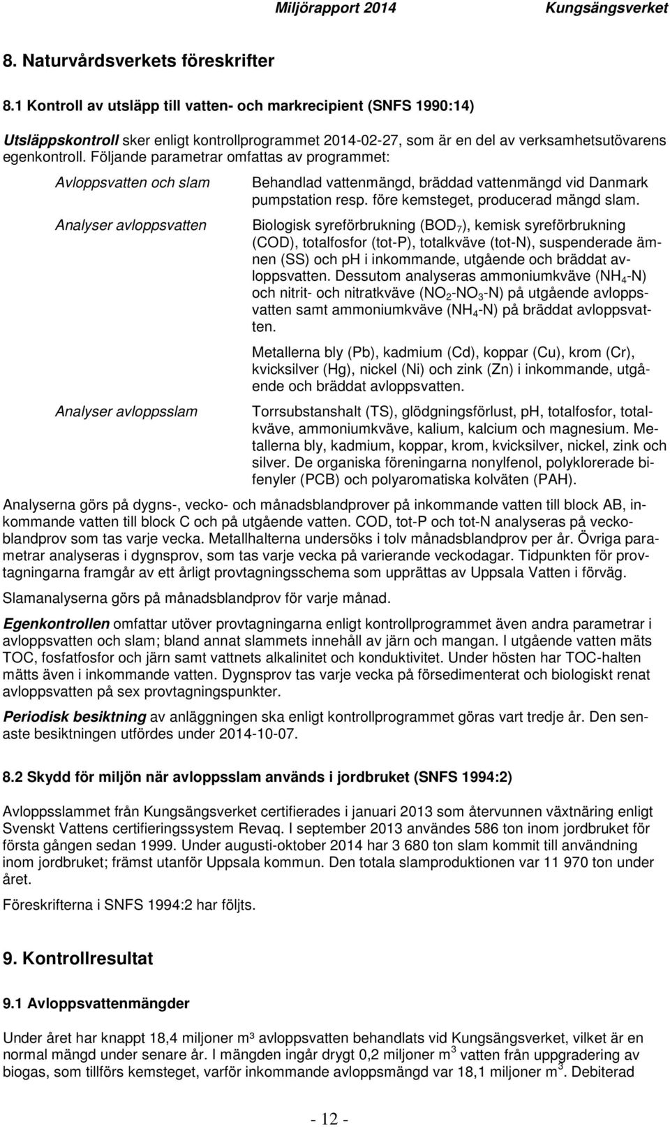 Följande parametrar omfattas av programmet: Avloppsvatten och slam Analyser avloppsvatten Analyser avloppsslam Behandlad vattenmängd, bräddad vattenmängd vid Danmark pumpstation resp.