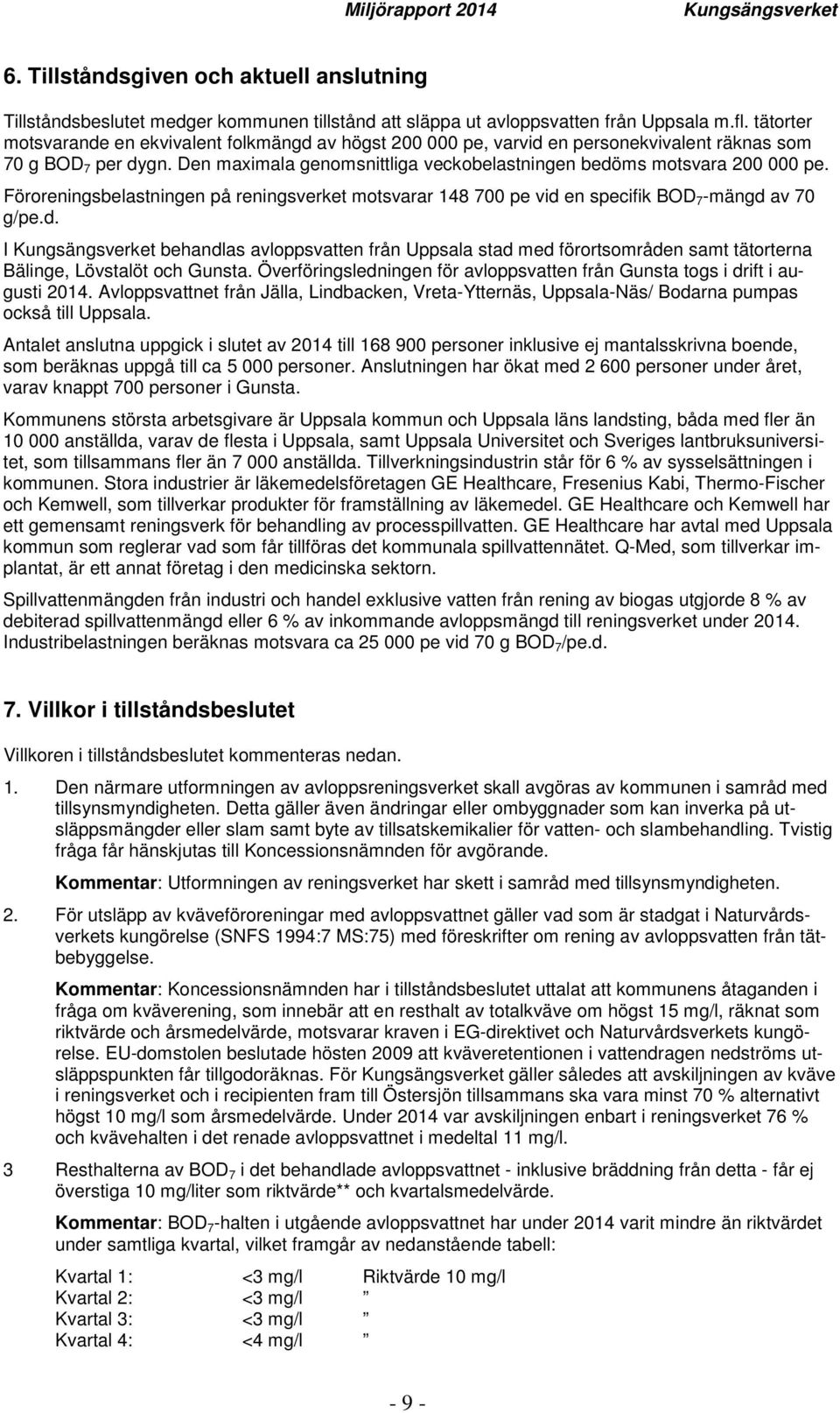 Föroreningsbelastningen på reningsverket motsvarar 148 700 pe vid en specifik BOD 7 -mängd av 70 g/pe.d. I Kungsängsverket behandlas avloppsvatten från Uppsala stad med förortsområden samt tätorterna Bälinge, Lövstalöt och Gunsta.