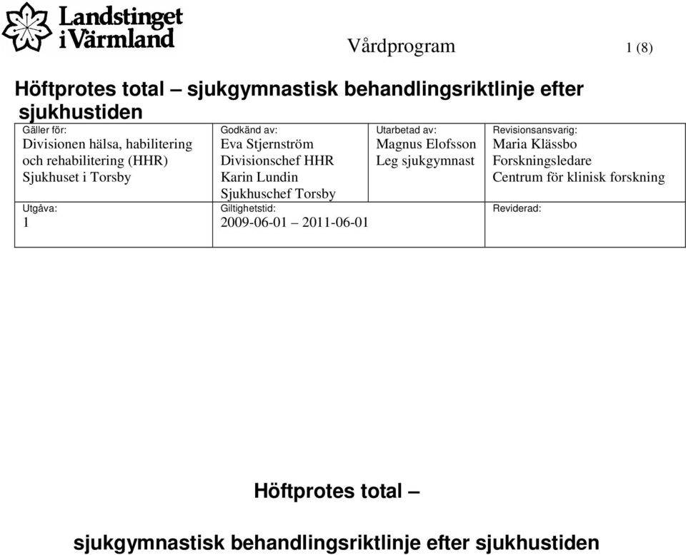 sjukgymnast Utgåva: 1 Sjukhuschef Torsby 2009-06-01 2011-06-01 Revisionsansvarig: Maria Klässbo