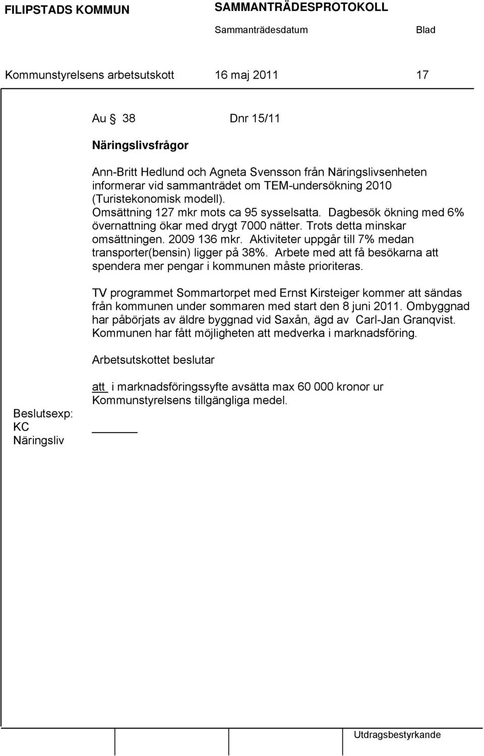 Aktiviteter uppgår till 7% medan transporter(bensin) ligger på 38%. Arbete med att få besökarna att spendera mer pengar i kommunen måste prioriteras.