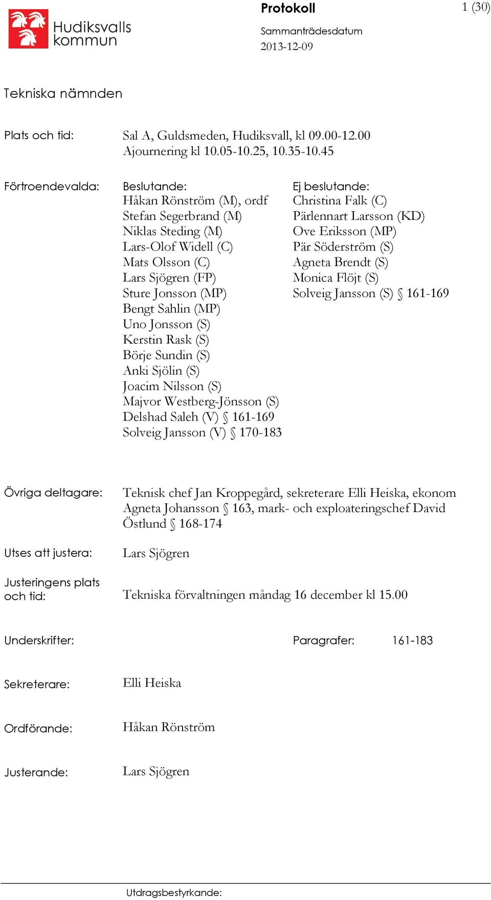 (MP) Uno Jonsson (S) Kerstin Rask (S) Börje Sundin (S) Anki Sjölin (S) Joacim Nilsson (S) Majvor Westberg-Jönsson (S) Delshad Saleh (V) 161-169 Solveig Jansson (V) 170-183 Christina Falk (C)