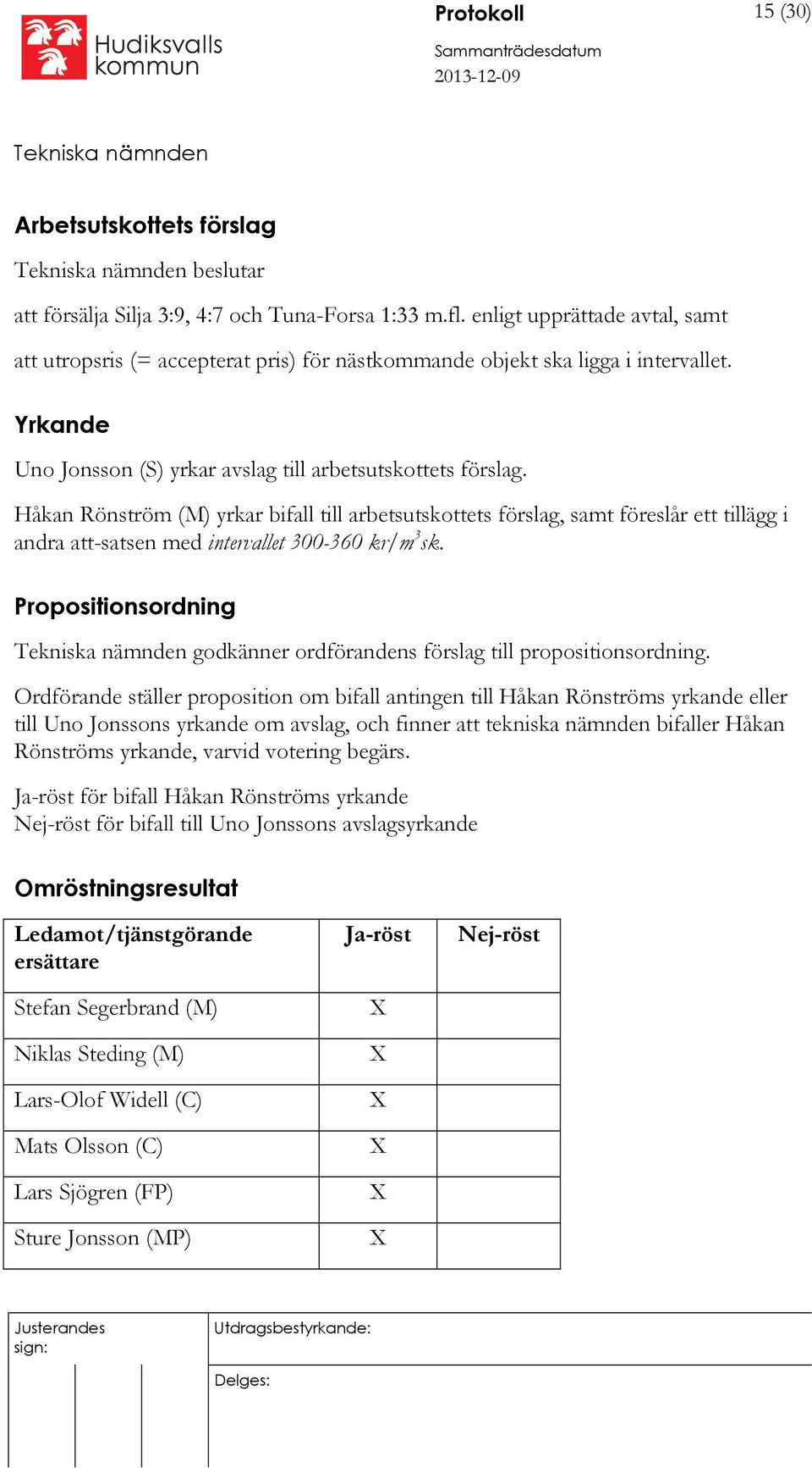 Håkan Rönström (M) yrkar bifall till arbetsutskottets förslag, samt föreslår ett tillägg i andra att-satsen med intervallet 300-360 kr/m 3 sk.