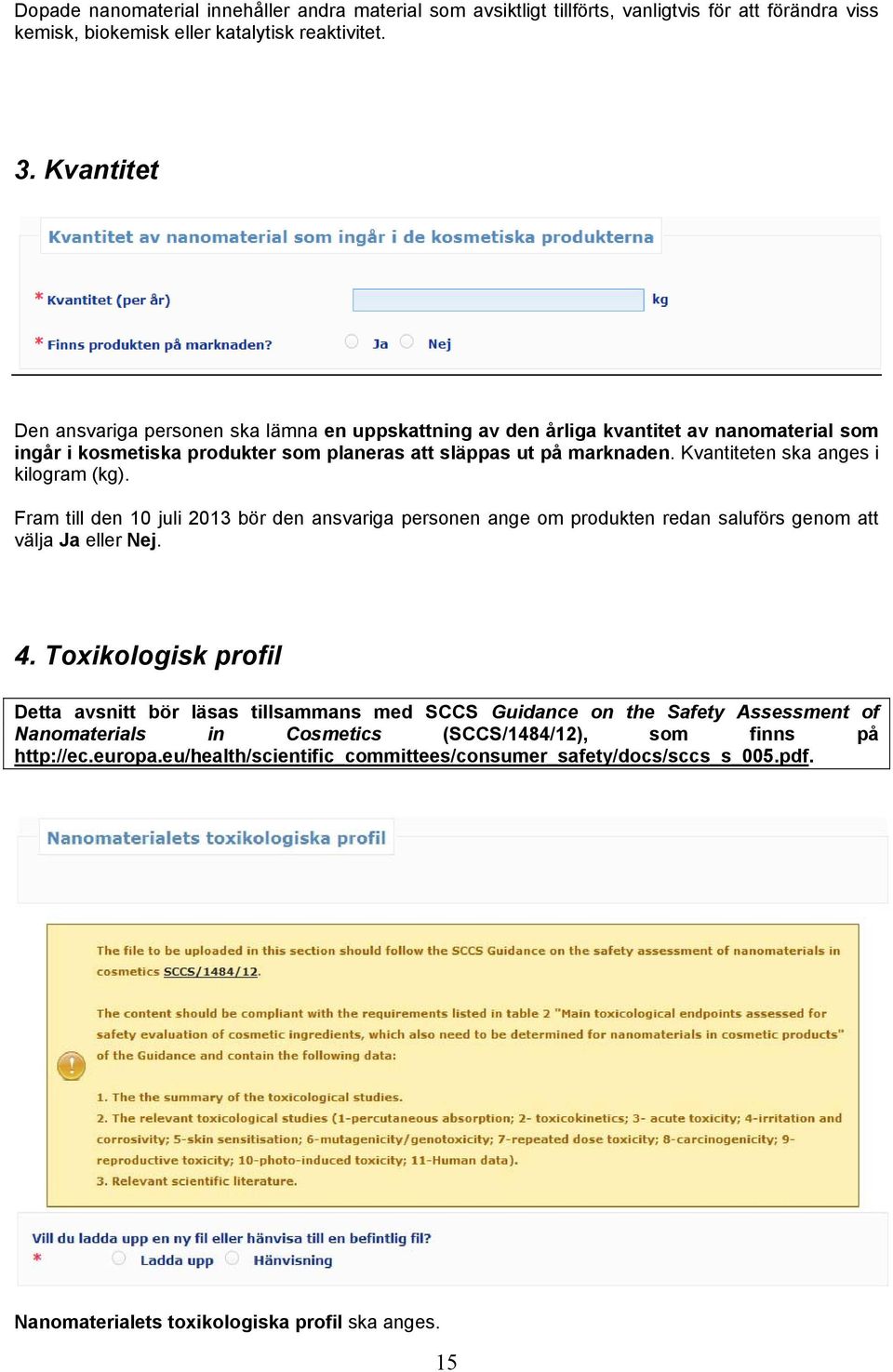 Kvantiteten ska anges i kilogram (kg). Fram till den 10 juli 2013 bör den ansvariga personen ange om produkten redan saluförs genom att välja Ja eller Nej. 4.