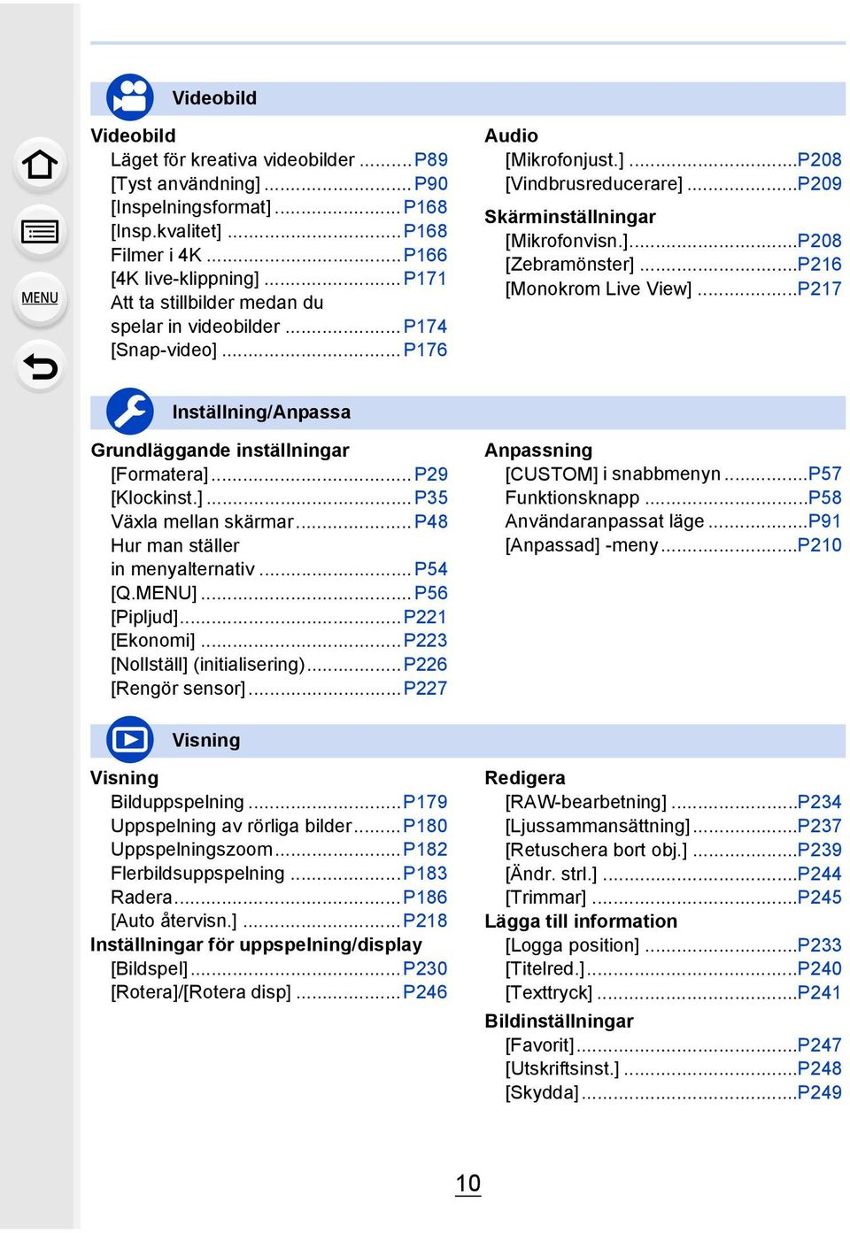 ..P216 [Monokrom Live View]...P217 Inställning/Anpassa Grundläggande inställningar [Formatera]...P29 [Klockinst.]...P35 Växla mellan skärmar... P48 Hur man ställer in menyalternativ...p54 [Q.MENU].