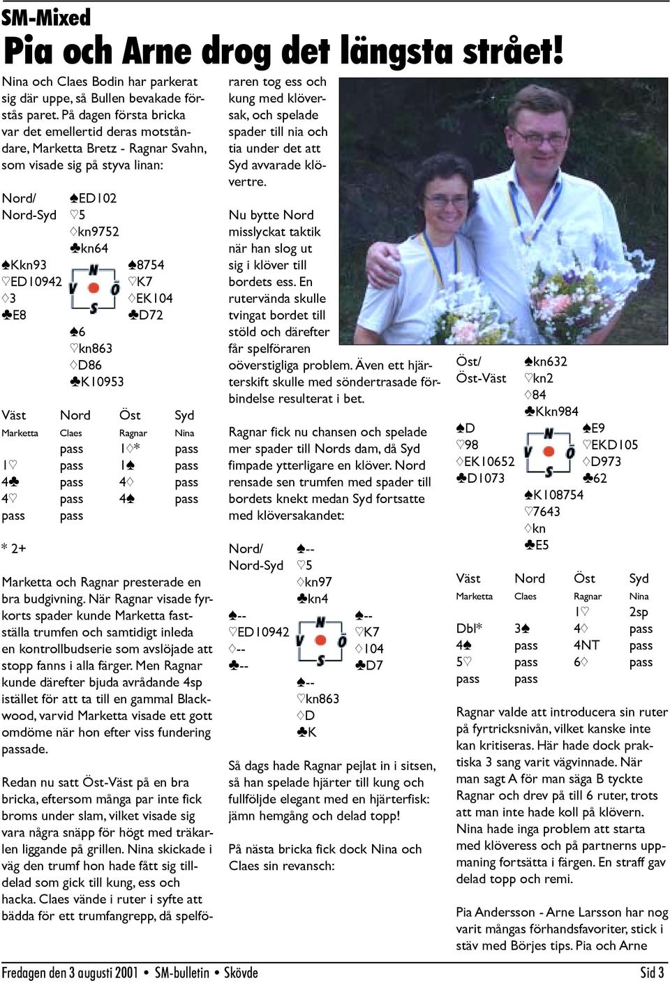 }E8 }D72 [6 ]kn863 {D86 }K10953 Marketta Claes Ragnar Nina pass 1{* pass 1] pass 1[ pass 4} pass 4{ pass 4] pass 4[ pass pass pass * 2+ Marketta och Ragnar presterade en bra budgivning.