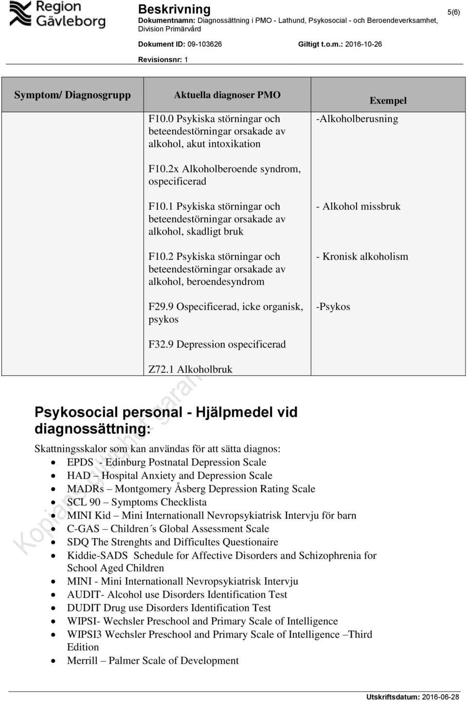 1 Alkoholbruk -Alkoholberusning - Alkohol missbruk - Kronisk alkoholism -Psykos Psykosocial personal - Hjälpmedel vid diagnossättning: Skattningsskalor som kan användas för att sätta diagnos: EPDS -