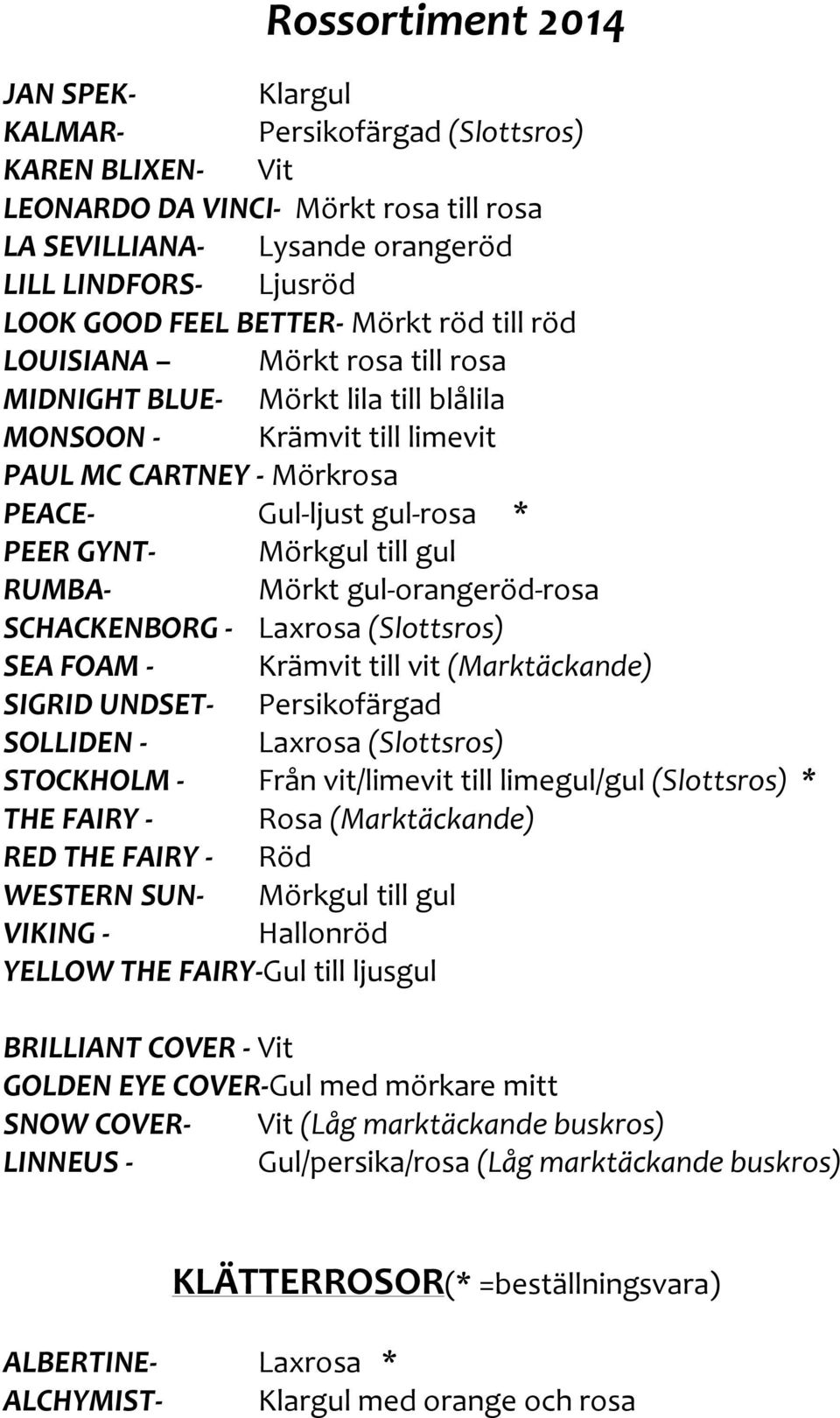 Mörkt gul-orangeröd-rosa SCHACKENBORG - Laxrosa (Slottsros) SEA FOAM - Krämvit till vit (Marktäckande) SIGRID UNDSET- Persikofärgad SOLLIDEN - Laxrosa (Slottsros) STOCKHOLM - Från vit/limevit till