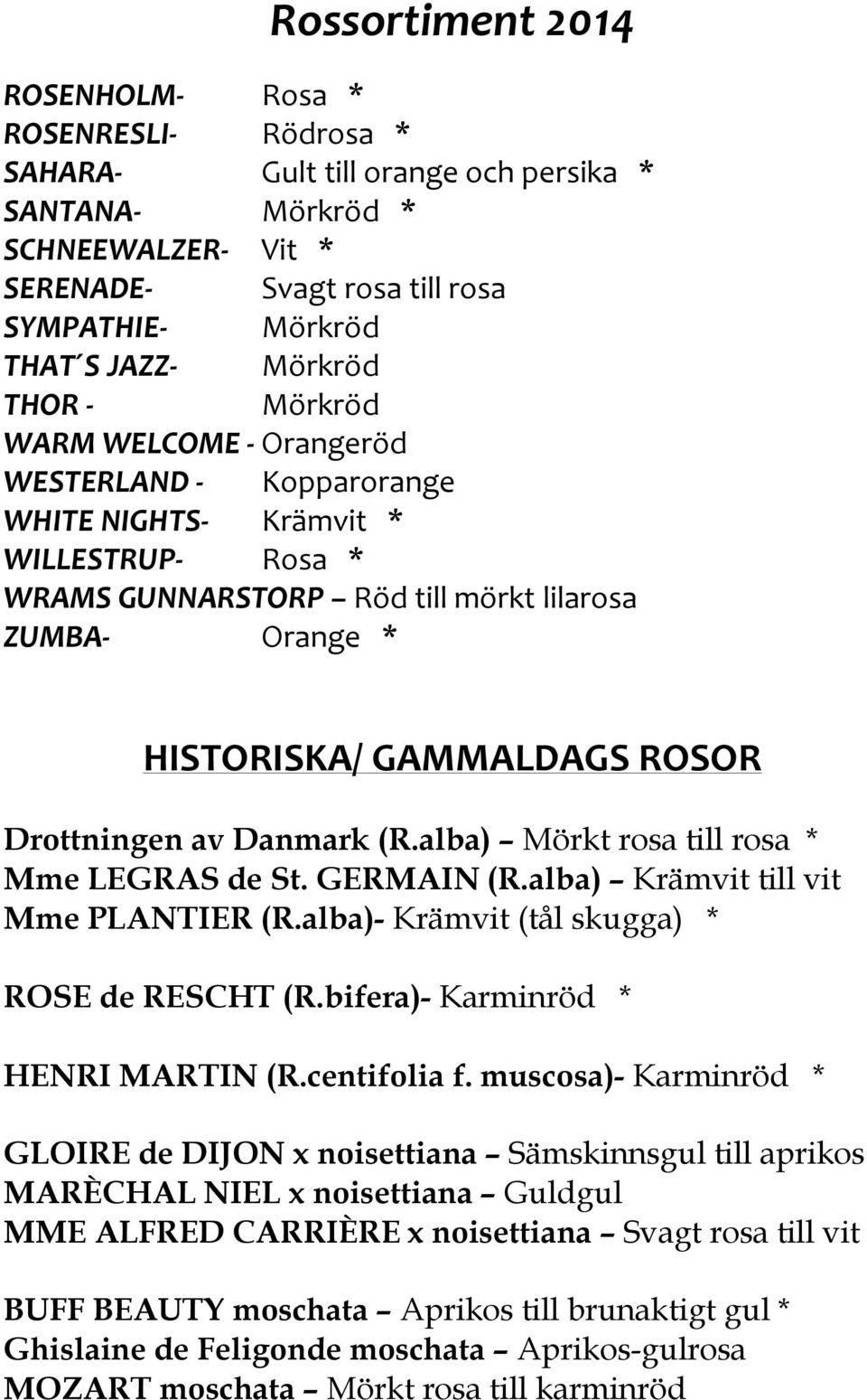 Drottningen av Danmark (R.alba) Mörkt rosa till rosa * Mme LEGRAS de St. GERMAIN (R.alba) Krämvit till vit Mme PLANTIER (R.alba)- Krämvit (tål skugga) * ROSE de RESCHT (R.