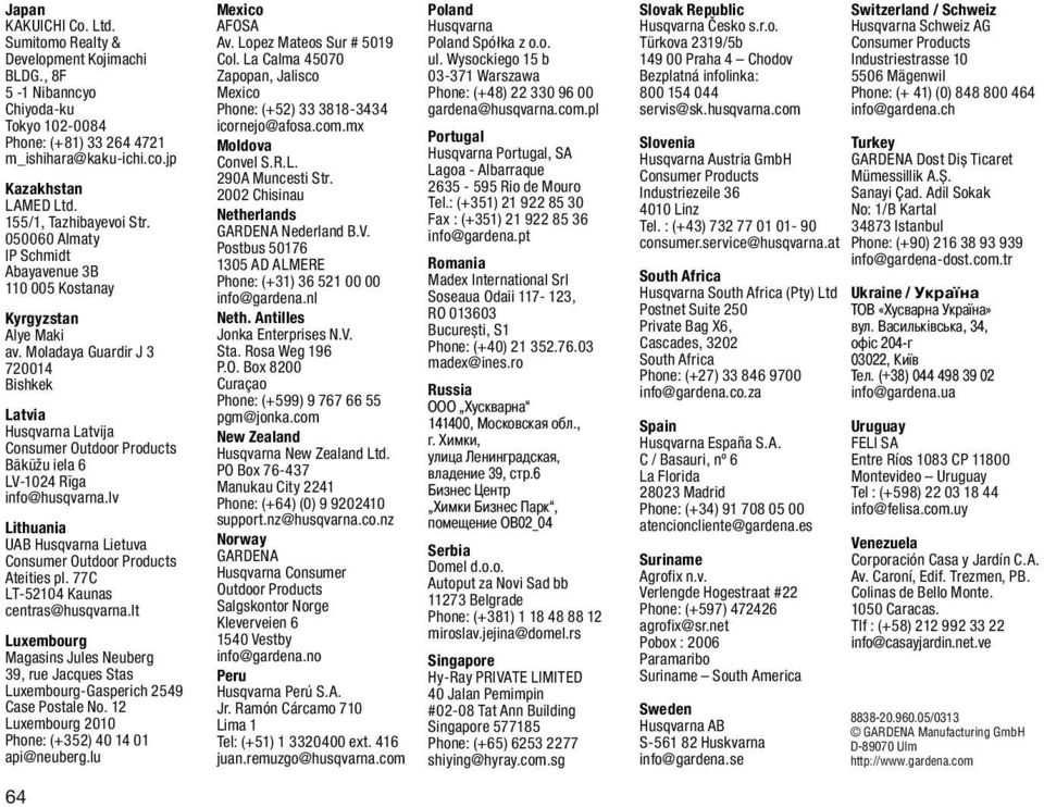 Moladaya Guardir J 3 720014 Bishkek Latvia Husqvarna Latvija Bk u iela 6 LV-1024 Rga info@husqvarna.lv Lithuania UAB Husqvarna Lietuva Ateities pl. 77C LT-52104 Kaunas centras@husqvarna.