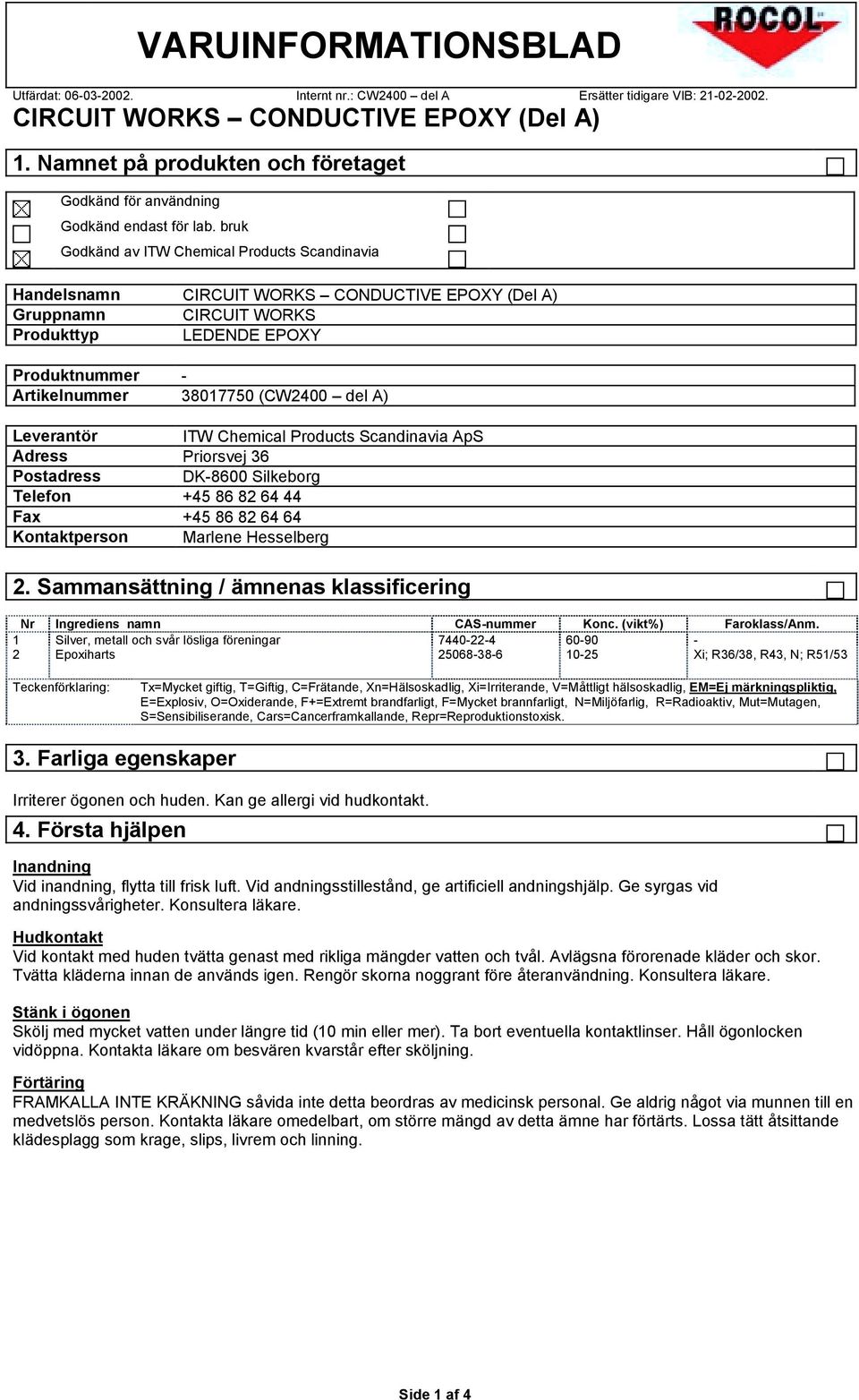 bruk Godkänd av ITW Chemical Products Scandinavia Handelsnamn CIRCUIT WORKS CONDUCTIVE EPOXY (Del A) Gruppnamn CIRCUIT WORKS Produkttyp LEDENDE EPOXY Produktnummer - Artikelnummer 38017750 (CW2400