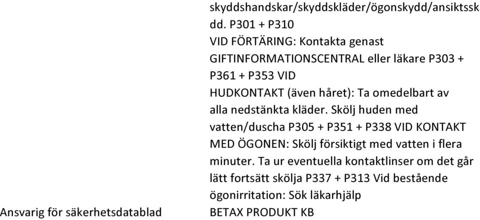 håret): Ta omedelbart av alla nedstänkta kläder.