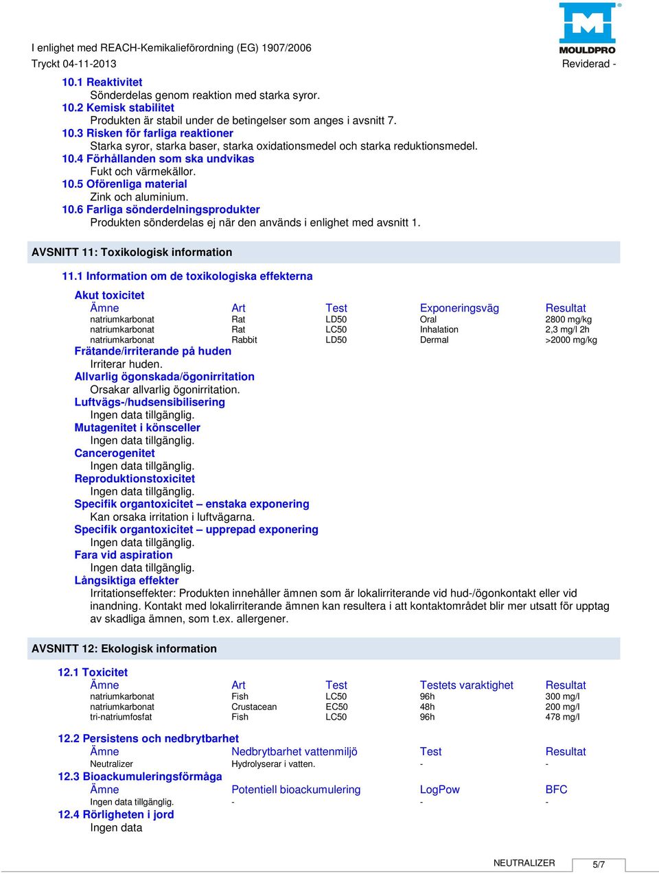 10.6 Farliga sönderdelningsprodukter Produkten sönderdelas ej när den används i enlighet med avsnitt 1. AVSNITT 11: Toxikologisk information 11.