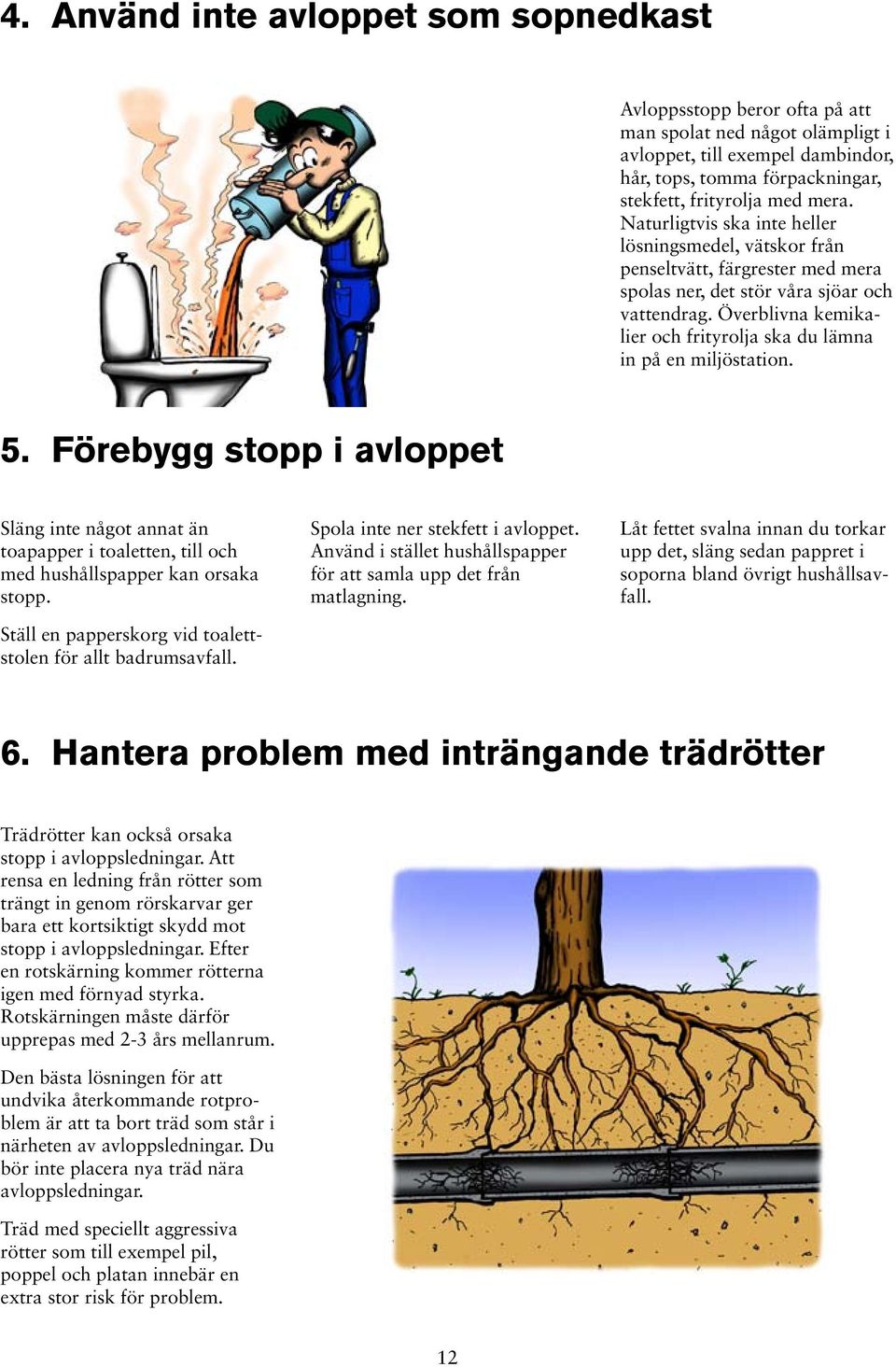 Överblivna kemikalier och frityrolja ska du lämna in på en miljöstation. 5. Förebygg stopp i avloppet Släng inte något annat än toapapper i toaletten, till och med hushållspapper kan orsaka stopp.