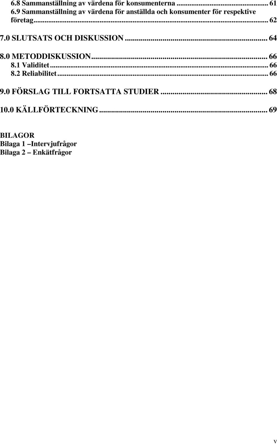 0 SLUTSATS OCH DISKUSSION... 64 8.0 METODDISKUSSION... 66 8.1 Validitet... 66 8.2 Reliabilitet.