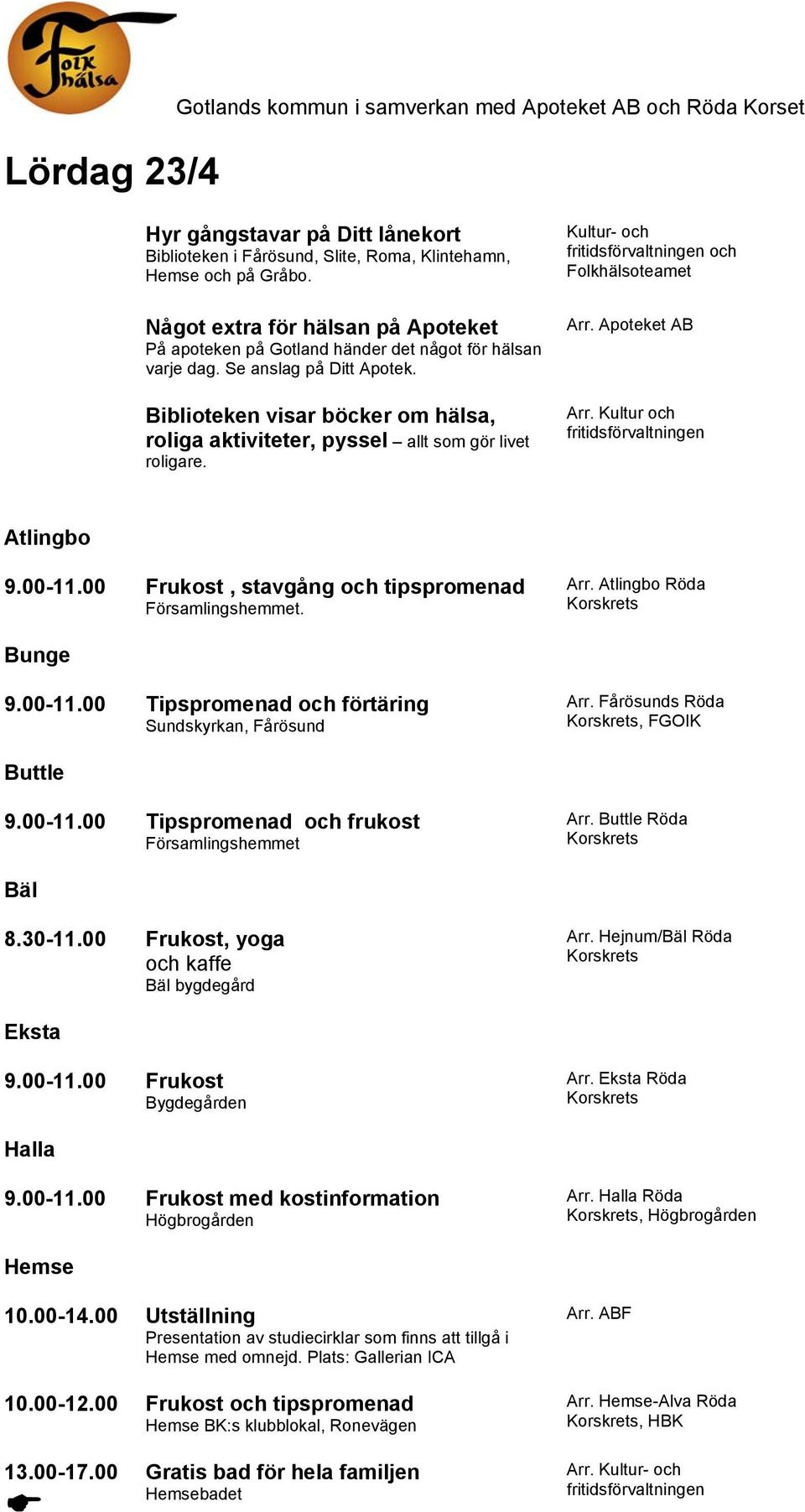 Biblioteken visar böcker om hälsa, roliga aktiviteter, pyssel allt som gör livet roligare. Kultur- och och Folkhälsoteamet Arr. Apoteket AB Arr. Kultur och Atlingbo 9.00-11.