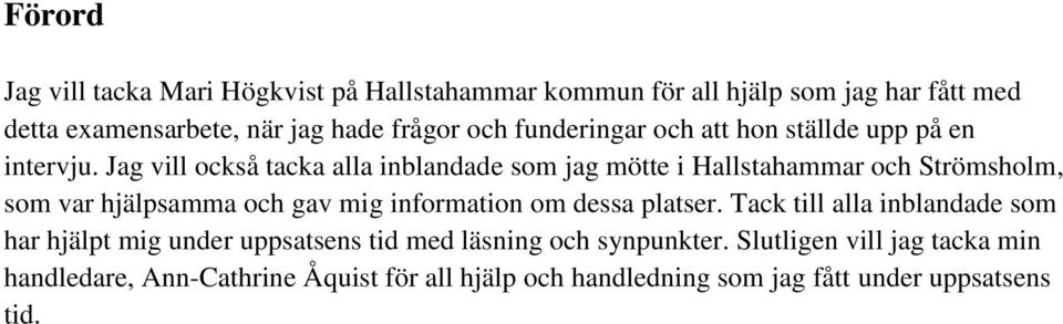 Jag vill också tacka alla inblandade som jag mötte i Hallstahammar och Strömsholm, som var hjälpsamma och gav mig information om dessa