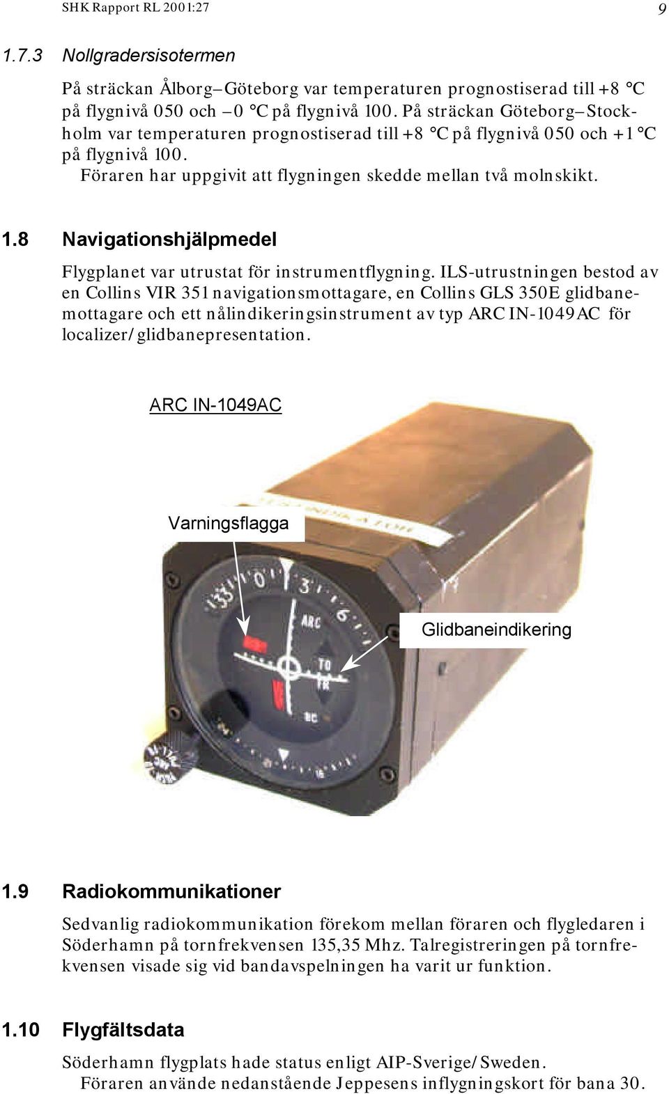 ILS-utrustningen bestod av en Collins VIR 351 navigationsmottagare, en Collins GLS 350E glidbanemottagare och ett nålindikeringsinstrument av typ ARC IN-1049AC för localizer/glidbanepresentation.