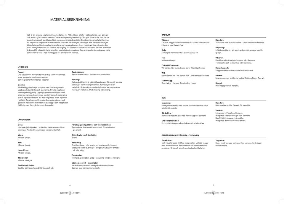 Bostäderna på markplan kommer att ha privata uteplatser och resterande bostäder har antingen balkonger eller franska balkonger. Lägenheterna högst upp har terrassliknande kungsbalkonger.