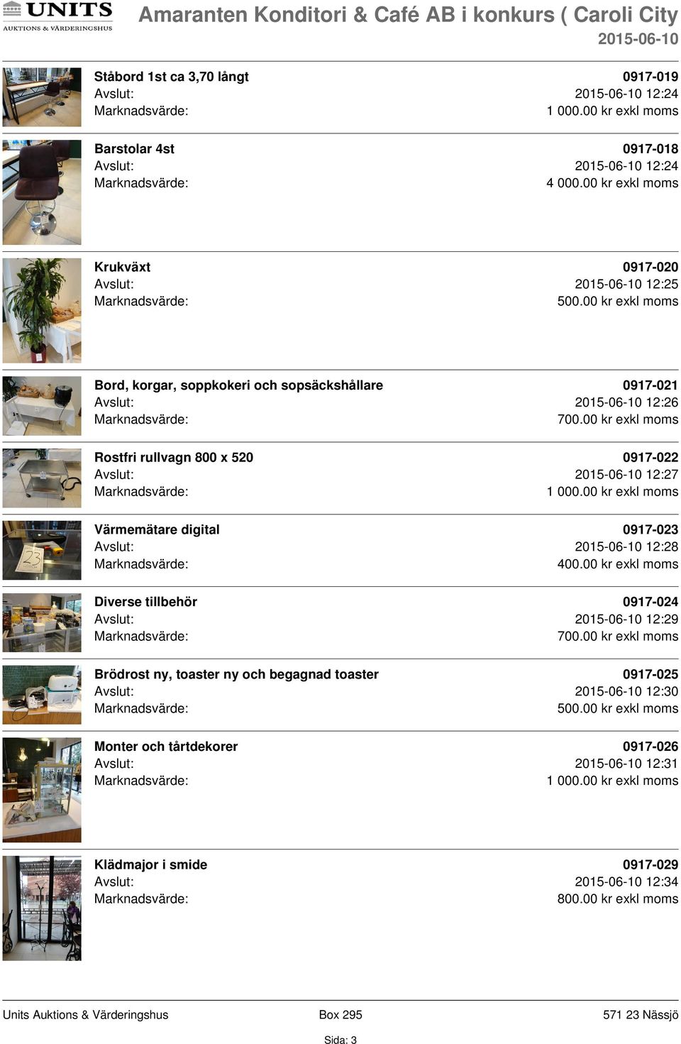 00 kr exkl moms Rostfri rullvagn 800 x 520 0917-022 Avslut: 12:27 Värmemätare digital 0917-023 Avslut: 12:28 400.