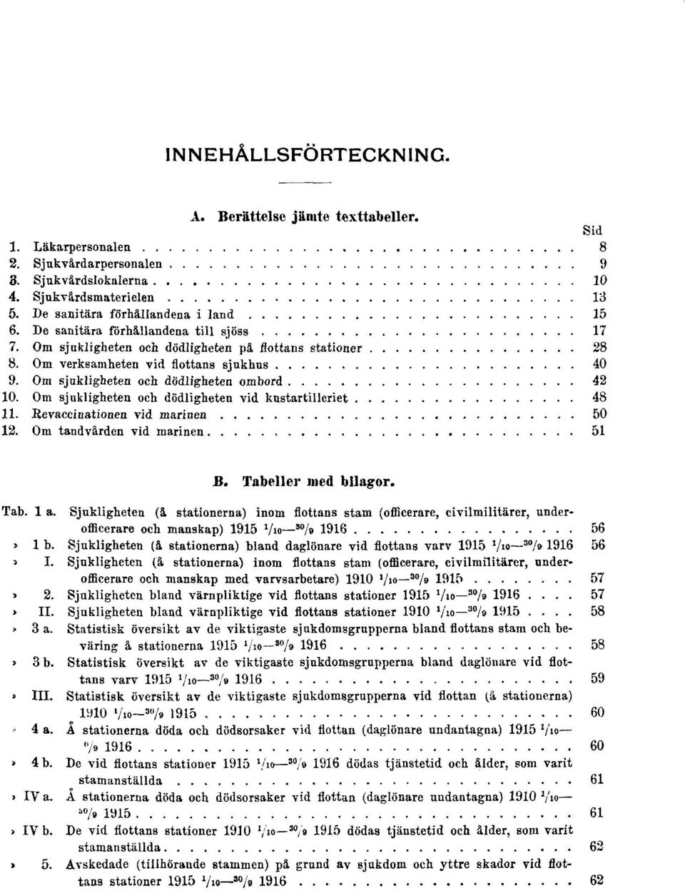 Om sjukligheten och dödligheten vid kustartilleriet 48 11. Revaccinationen vid marinen 50 12. Om tandvården vid marinen 51 B. Tabeller med bilagor. Tab. 1 a.