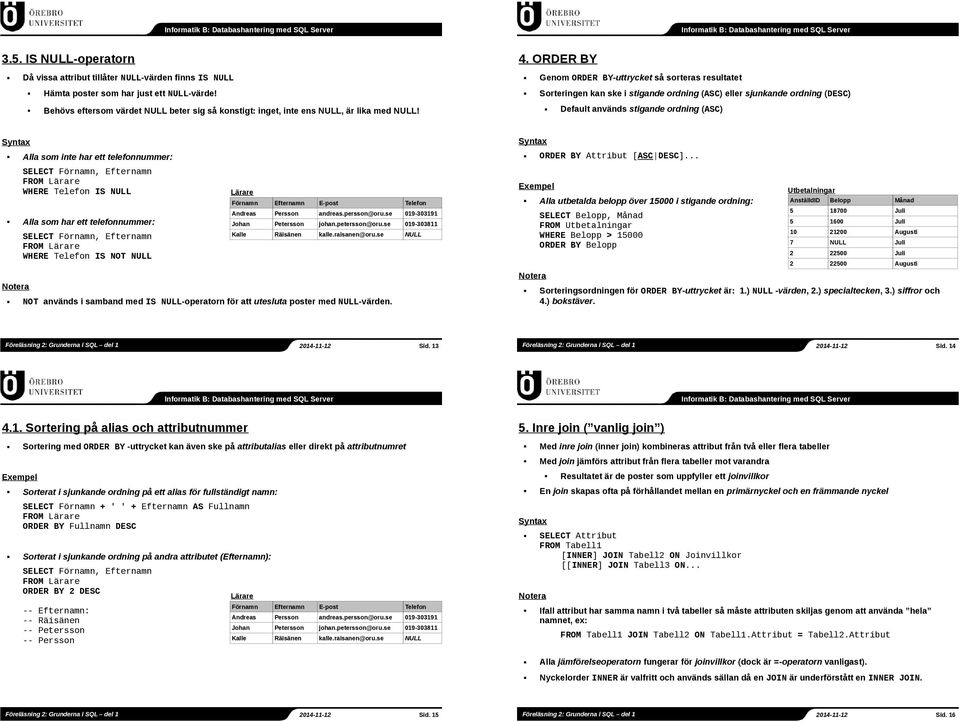 Default används stigande ordning (ASC) Alla som inte har ett telefonnummer: SELECT Förnamn, Efternamn WHERE Telefon IS Alla som har ett telefonnummer: SELECT Förnamn, Efternamn WHERE Telefon IS NOT