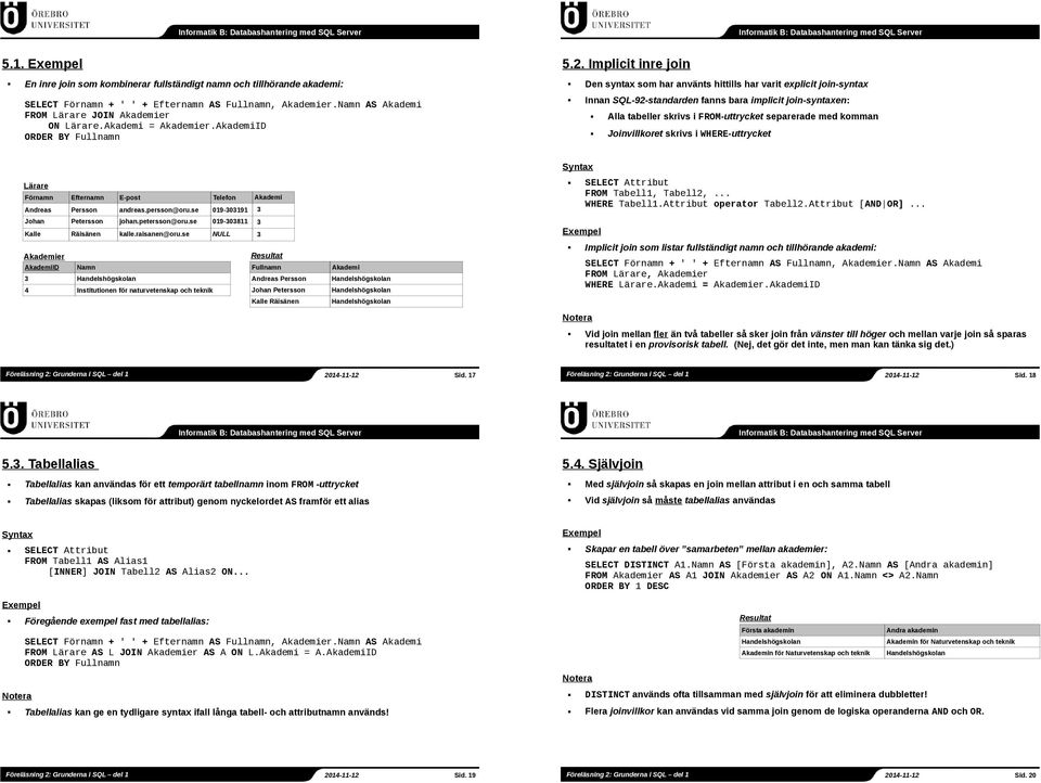 AkademiID ORDER BY Fullnamn Innan SQL-92-standarden fanns bara implicit join-syntaxen: Alla tabeller skrivs i FROM-uttrycket separerade med komman Joinvillkoret skrivs i WHERE-uttrycket Förnamn