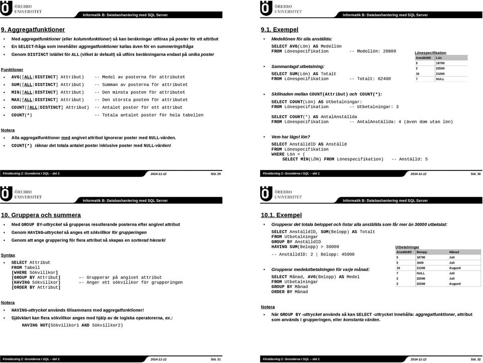 DISTINCT] Attribut) -- Summan av posterna för attributet 9.1.