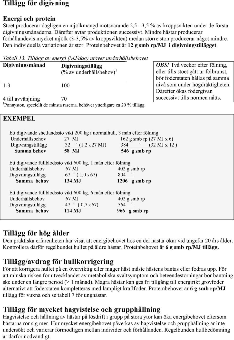 Proteinbehovet är 12 smb rp/mj i diivninstilläet. Tabell 13. Tillä av eneri (MJ/da) utöver underhållsbehovet Diivninsmånad 1-3 100 Diivninstillä OBS!