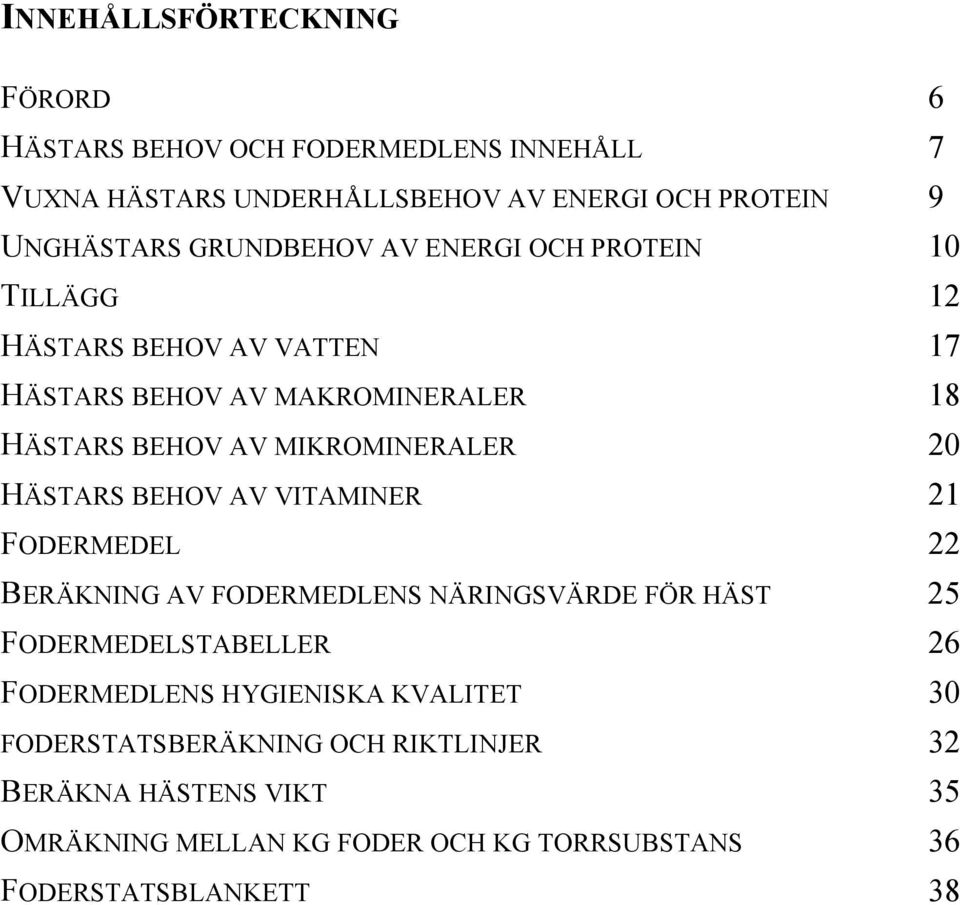 20 HÄSTARS BEHOV AV VITAMINER 21 FODERMEDEL 22 BERÄKNING AV FODERMEDLENS NÄRINGSVÄRDE FÖR HÄST 25 FODERMEDELSTABELLER 26 FODERMEDLENS