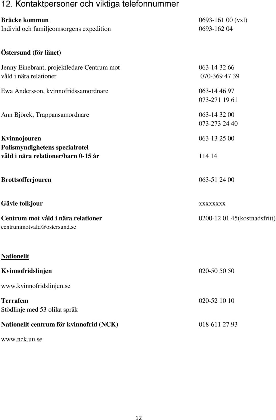 Polismyndighetens specialrotel våld i nära relationer/barn 0-15 år 114 14 Brottsofferjouren 063-51 24 00 Gävle tolkjour Centrum mot våld i nära relationer centrummotvald@ostersund.