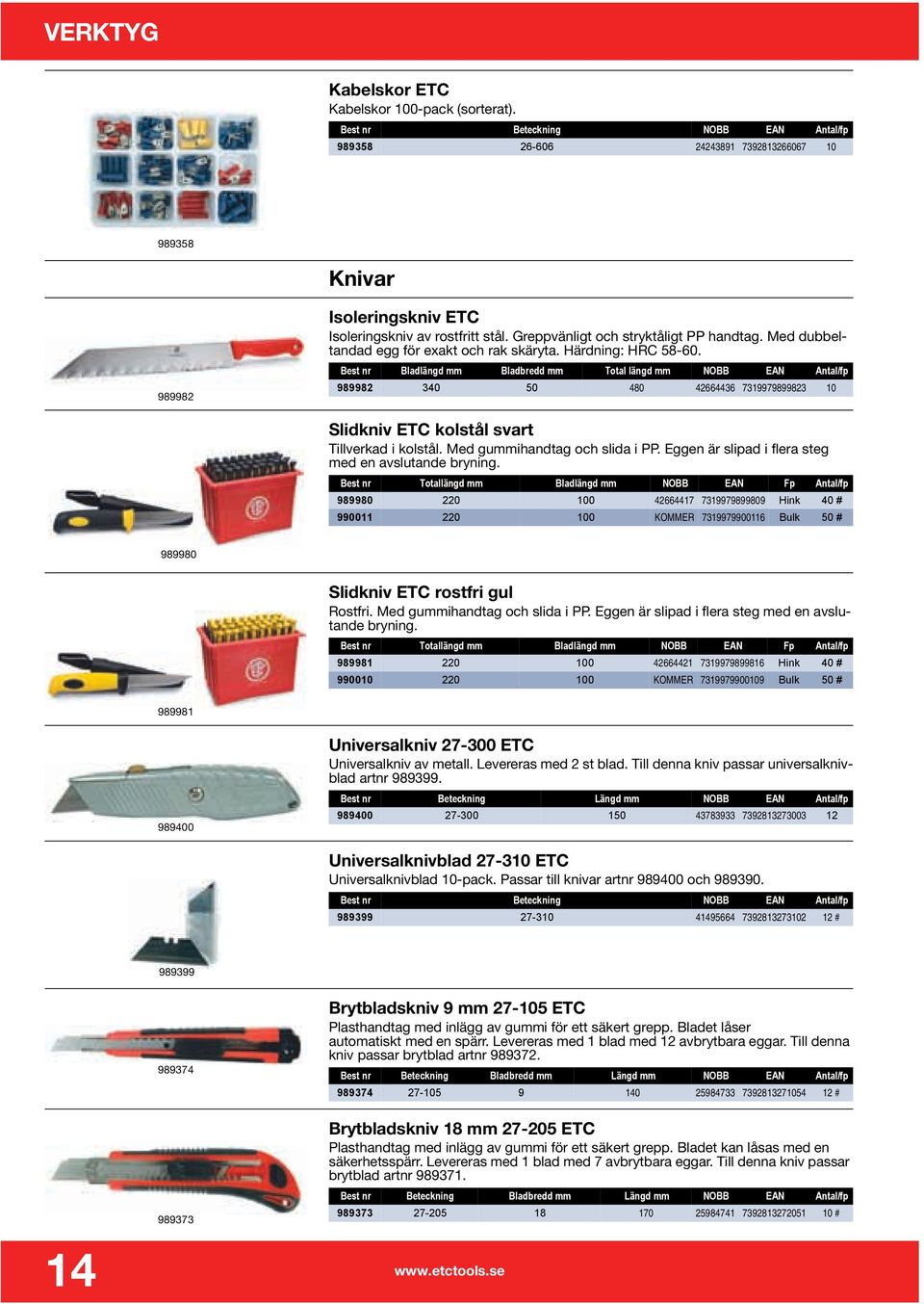 Best nr Bladlängd mm Bladbredd mm Total längd mm NOBB EAN Antal/fp 989982 340 50 480 42664436 7319979899823 10 Slidkniv ETC kolstål svart Tillverkad i kolstål. Med gummihandtag och slida i PP.