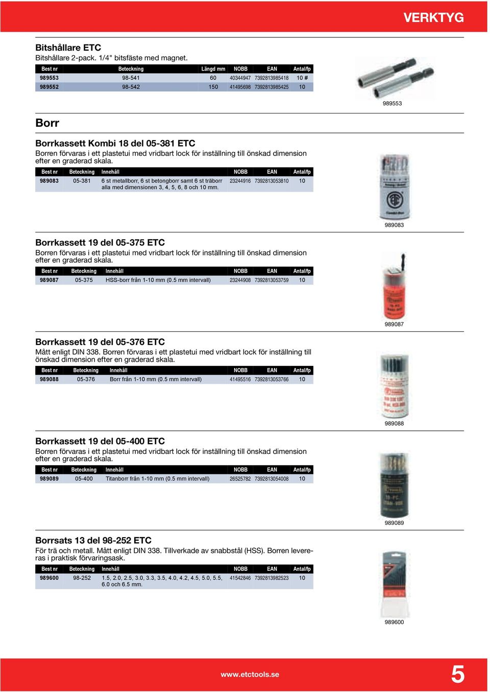 inställning till önskad dimension efter en graderad skala. 989083 05-381 6 st metallborr, 6 st betongborr samt 6 st träborr 23244916 7392813053810 10 alla med dimensionen 3, 4, 5, 6, 8 och 10 mm.