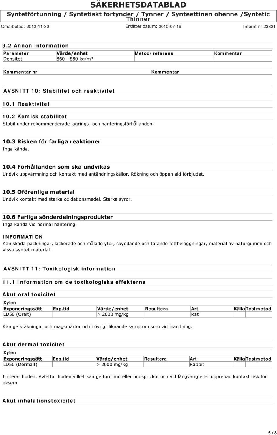 Rökning och öppen eld förbjudet. 10.5 Oförenliga material Undvik kontakt med starka oxidationsmedel. Starka syror. 10.6 Farliga sönderdelningsprodukter Inga kända vid normal hantering.