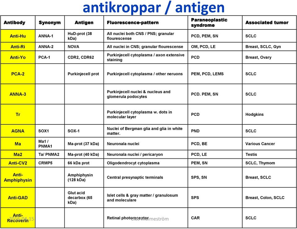 PCA-2 Purkinjecell prot Purkinjecell cytoplasma / other neruons PEM, PCD, LEMS SCLC ANNA-3 Purkinjecell nuclei & nucleus and glomerula podocytes PCD. PEM, SN SCLC Tr Purkinjecell cytoplasma w.