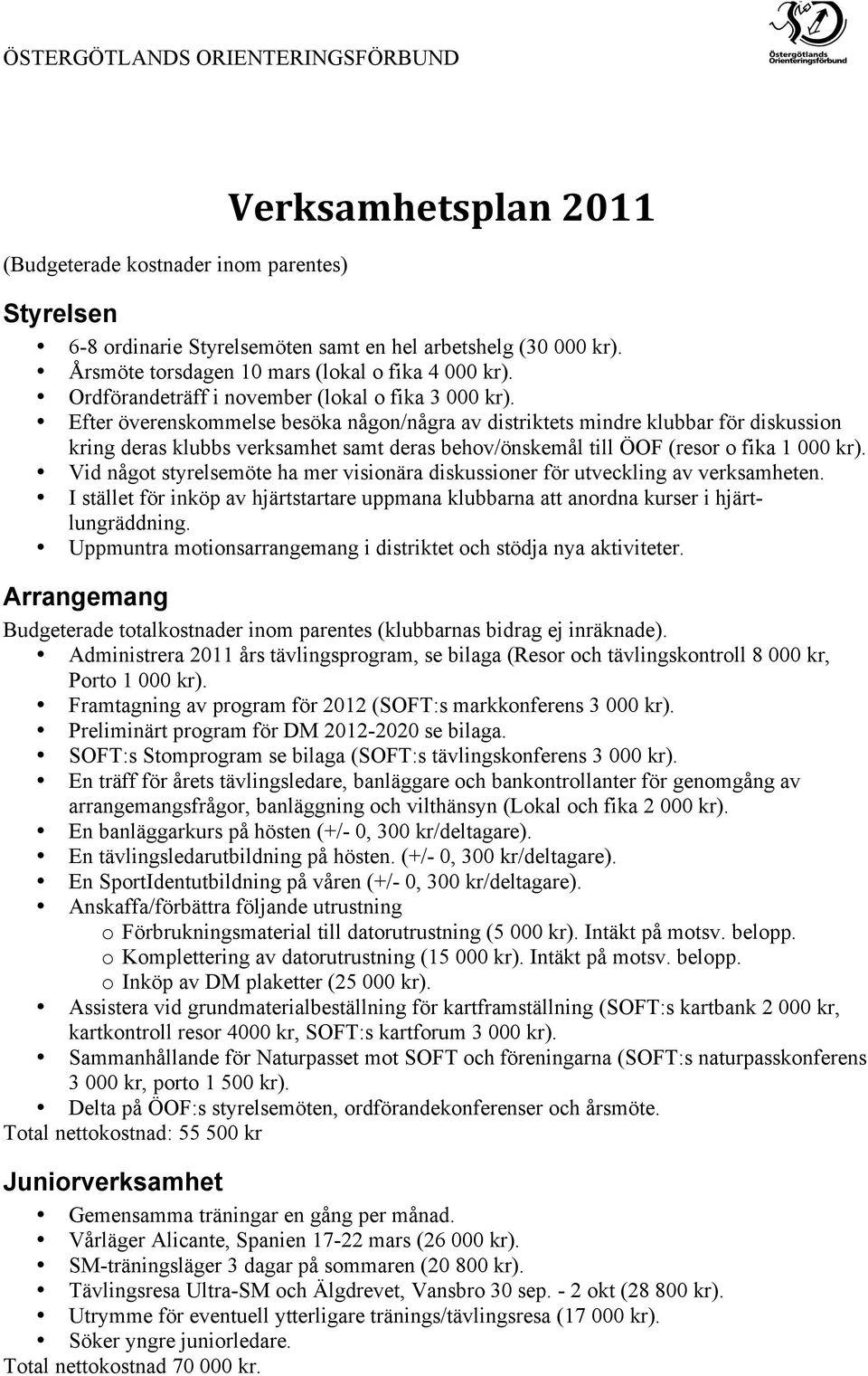 Efter överenskommelse besöka någon/några av distriktets mindre klubbar för diskussion kring deras klubbs verksamhet samt deras behov/önskemål till ÖOF (resor o fika 1 000 kr).