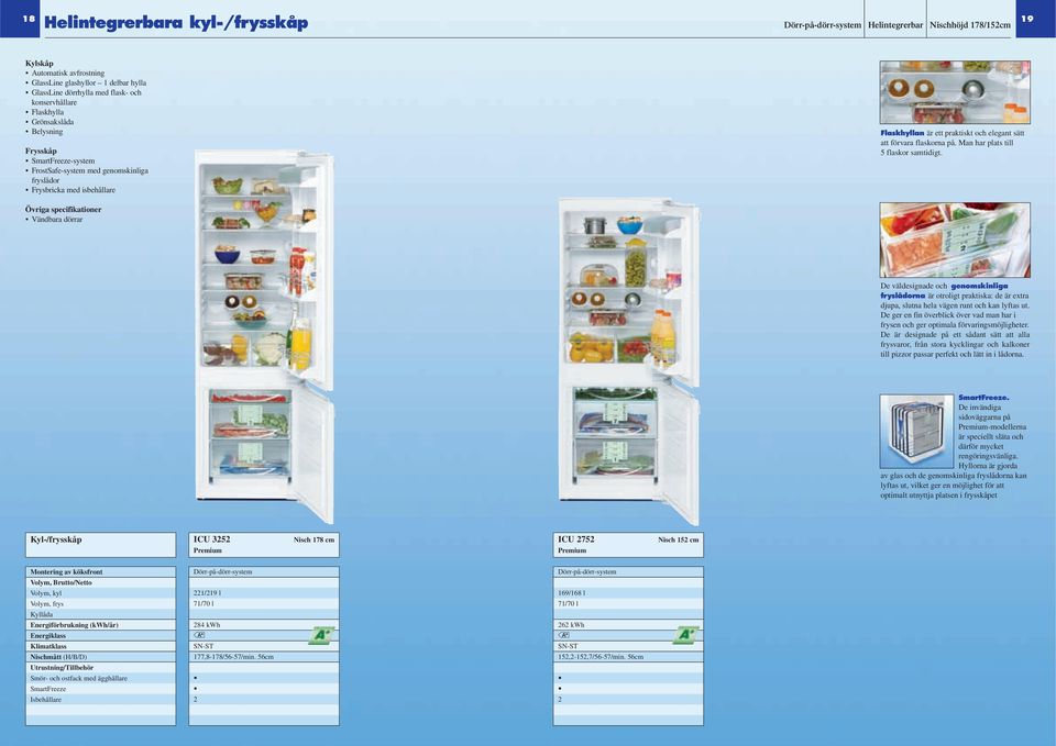 Man har plats till 5 flaskor satidigt. Vändbara dörrar De väldesignade och genoskinliga fryslådorna är otroligt praktiska: de är extra djupa, slutna hela vägen runt och kan lyftas ut.