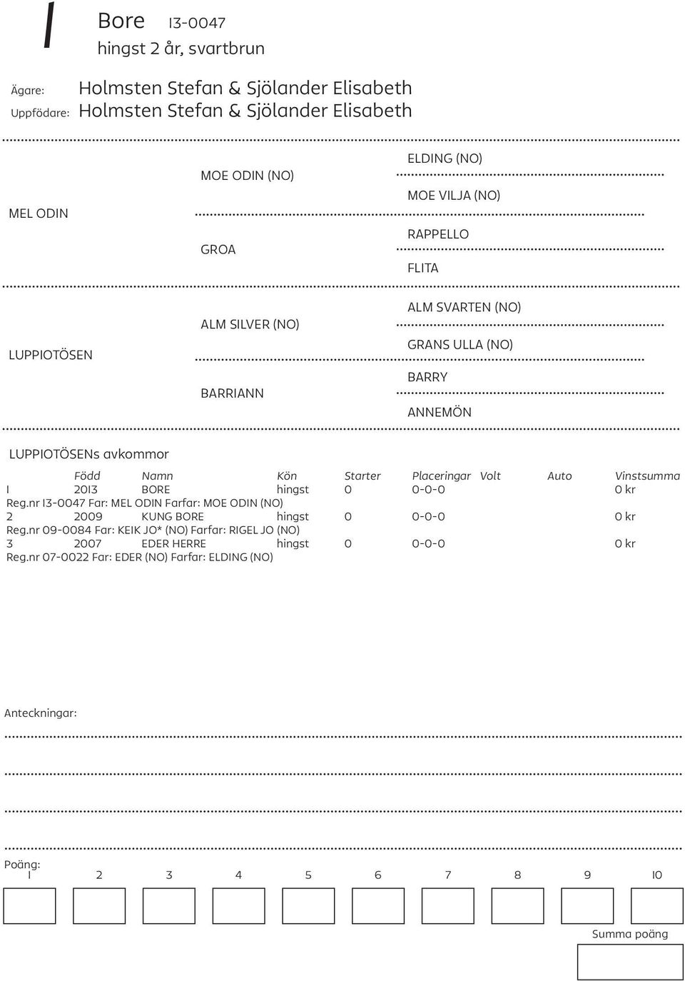 LUPPIOTÖSENs avkommor 1 2013 BORE hingst 0 0-0-0 0 kr Reg.