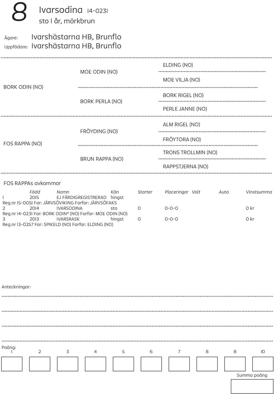 RAPPSTJERNA (NO) FOS RAPPAs avkommor 1 2015 EJ FÄRDIGREGISTRERAD hingst Reg.