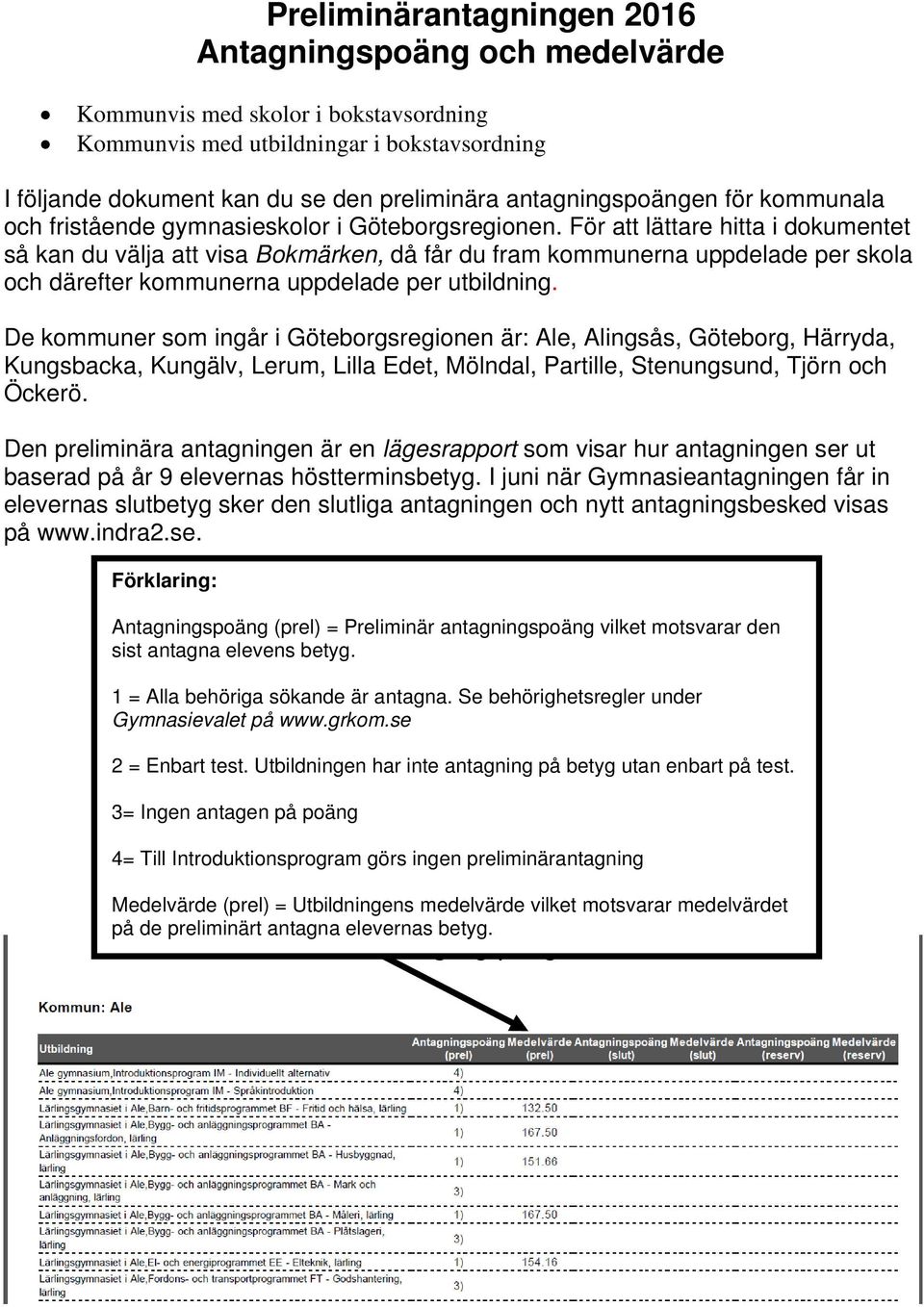 För att lättare hitta i dokumentet så kan du välja att visa Bokmärken, då får du fram kommunerna uppdelade per skola och därefter kommunerna uppdelade per utbildning.