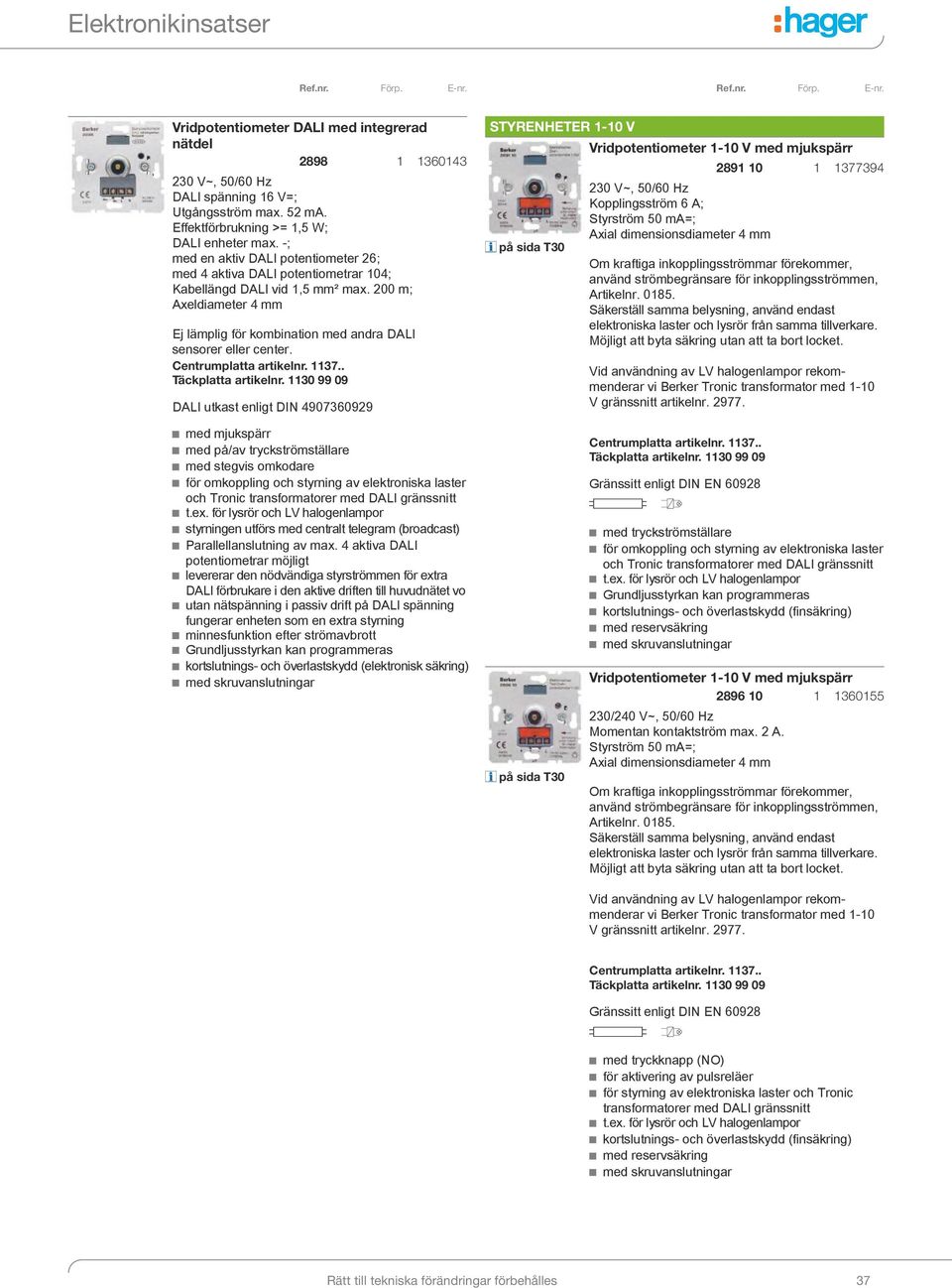 DALI utkast enligt DIN 4907360929 STYRENHETER 1-10 V Vridpotentiometer 1-10 V med mjukspärr 2891 10 1 1377394 på sida T30 Kopplingsström 6 A; Styrström 50 ma=; Axial dimensionsdiameter 4 mm Om