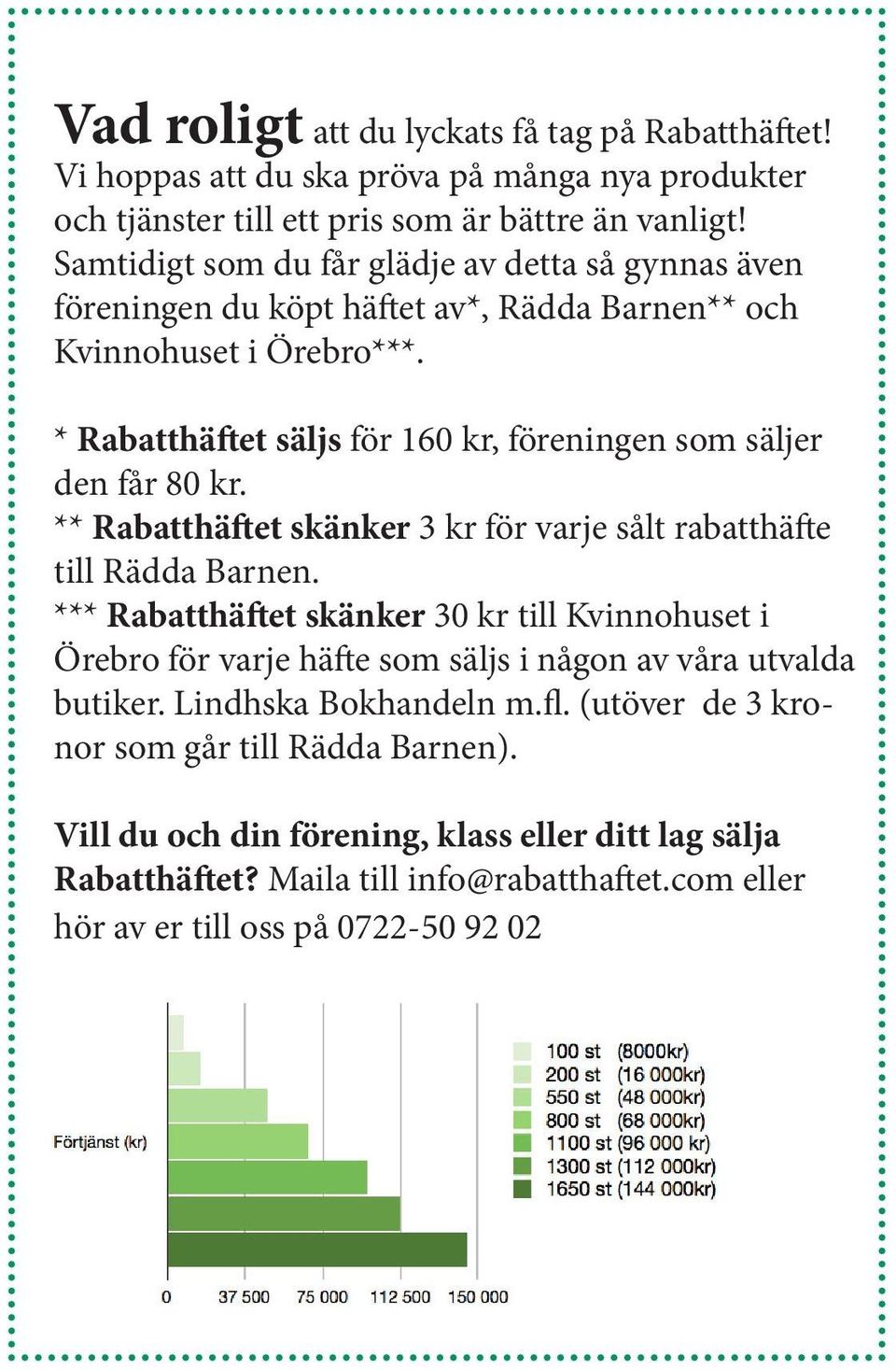 * Rabatthäftet säljs för 160 kr, föreningen som säljer den får 80 kr. ** Rabatthäftet skänker 3 kr för varje sålt rabatthäfte till Rädda Barnen.