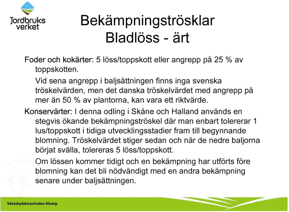 Konservärter: I denna odling i Skåne och Halland används en stegvis ökande bekämpningströskel där man enbart tolererar 1 lus/toppskott i tidiga utvecklingsstadier fram till