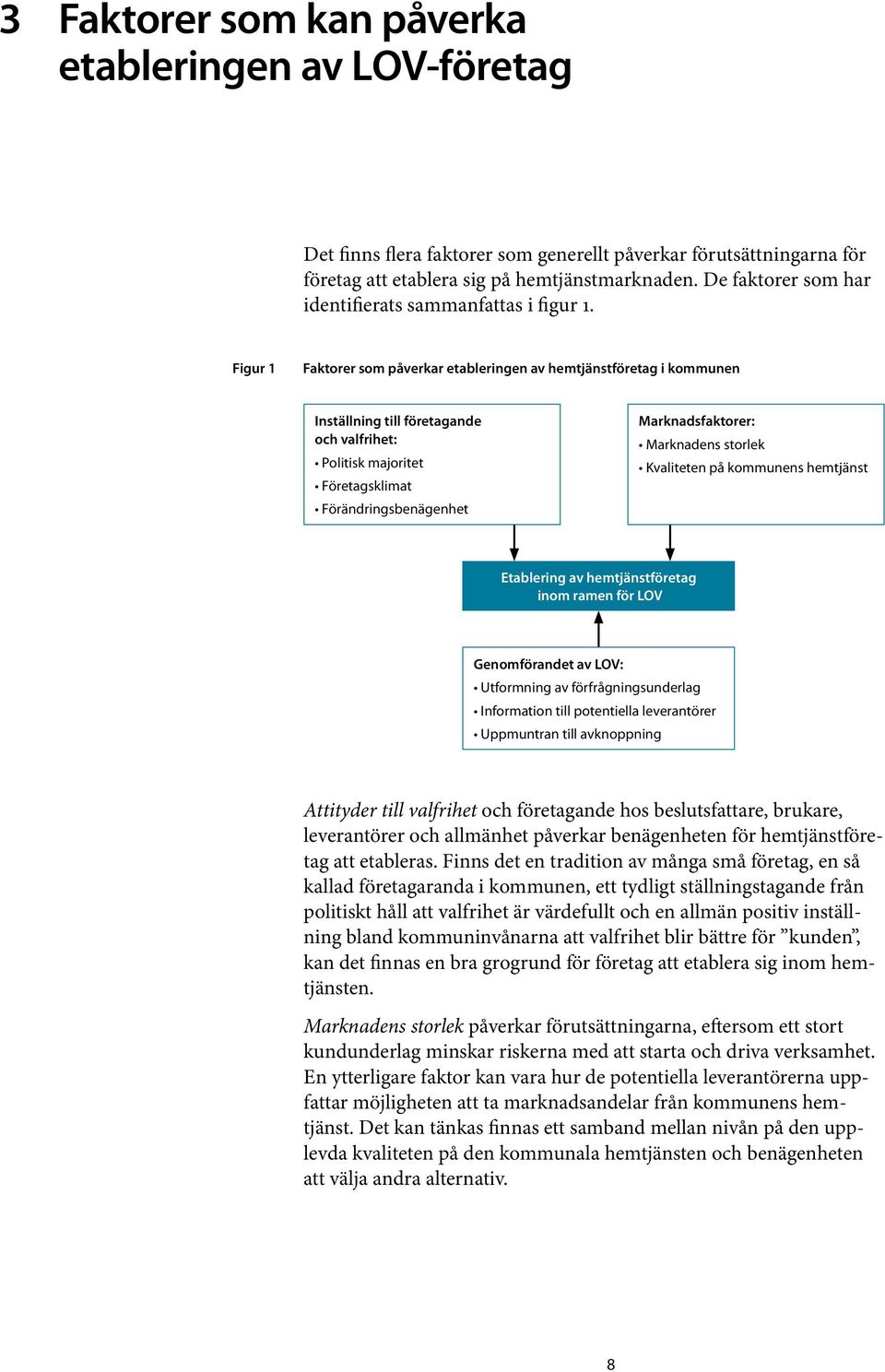 Figur 1 Faktorer som påverkar etableringen av hemtjänstföretag i kommunen Inställning till företagande och valfrihet: Politisk majoritet Företagsklimat Förändringsbenägenhet Marknadsfaktorer:
