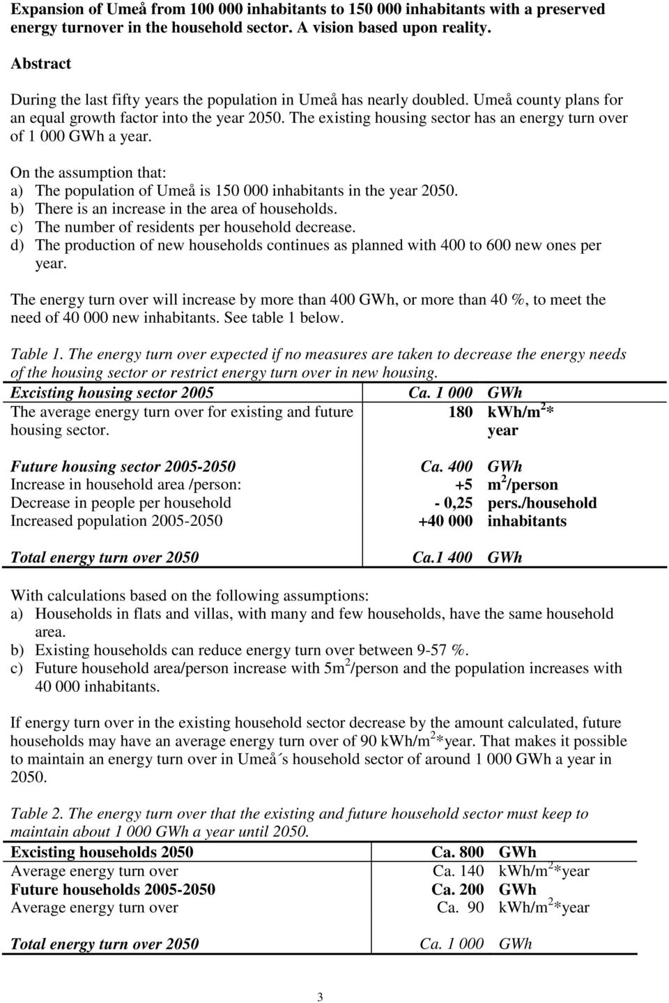 The existing housing sector has an energy turn over of 1 000 GWh a year. On the assumption that: a) The population of Umeå is 150 000 inhabitants in the year 2050.