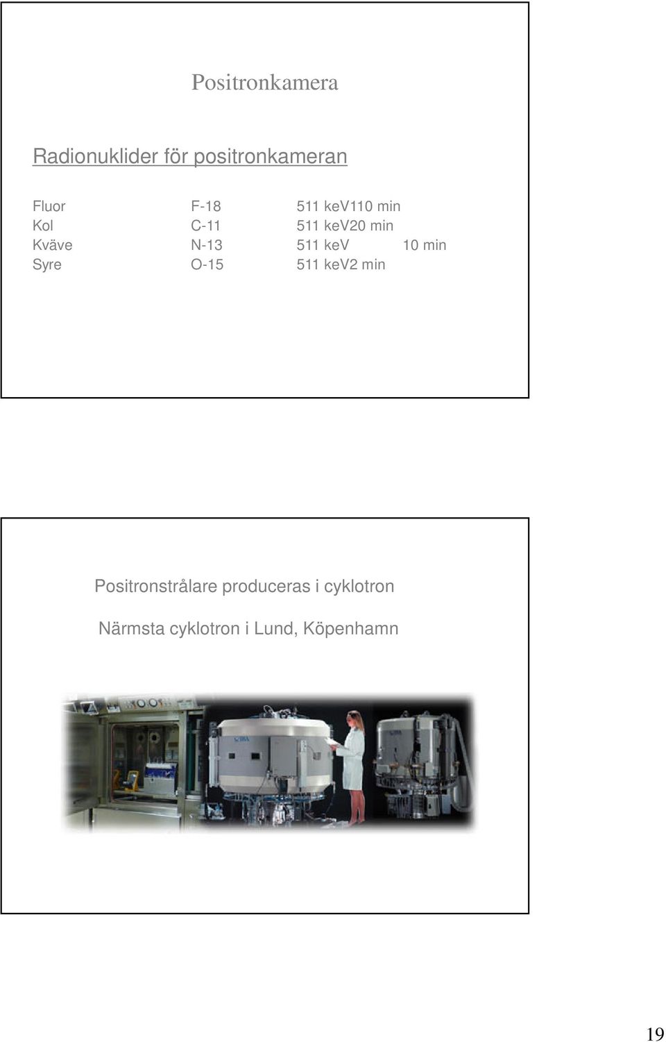 511 kev 10 min Syre O-15 511 kev2 min Positronstrålare