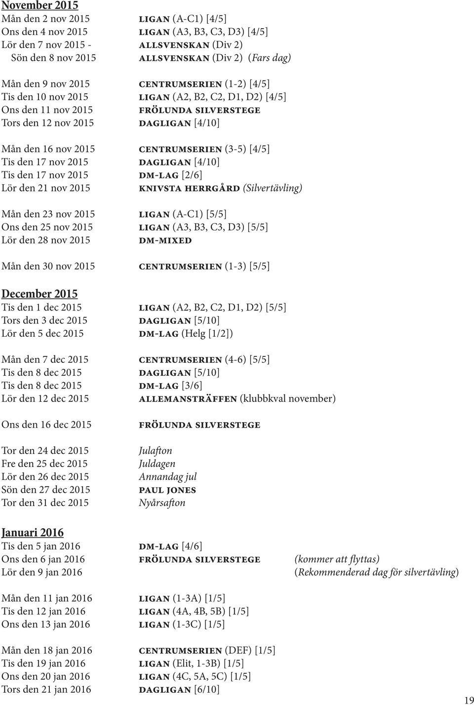 Centrumserien (3-5) [4/5] Tis den 17 nov 2015 DAGLIGAN [4/10] Tis den 17 nov 2015 DM-lag [2/6] Lör den 21 nov 2015 Knivsta Herrgård (Silvertävling) Mån den 23 nov 2015 Ligan (A-C1) [5/5] Ons den 25